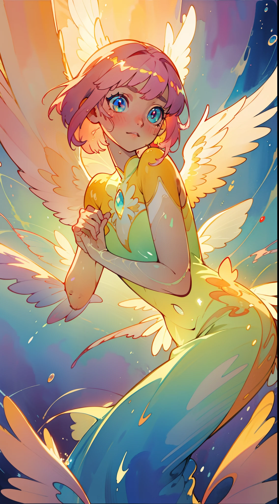 masterpiece, best quality, sharp focus, 8k, intricately detailed environment, anime, watercolor illustration, colorful, bright colors, whimsical, glowing lights, liquid otherworldly, fairy lights, beautiful girl in flowing liquid glowing dress, perfect face, golden ratio, sparkling eyes, watercolor, liquid light, angel wings
