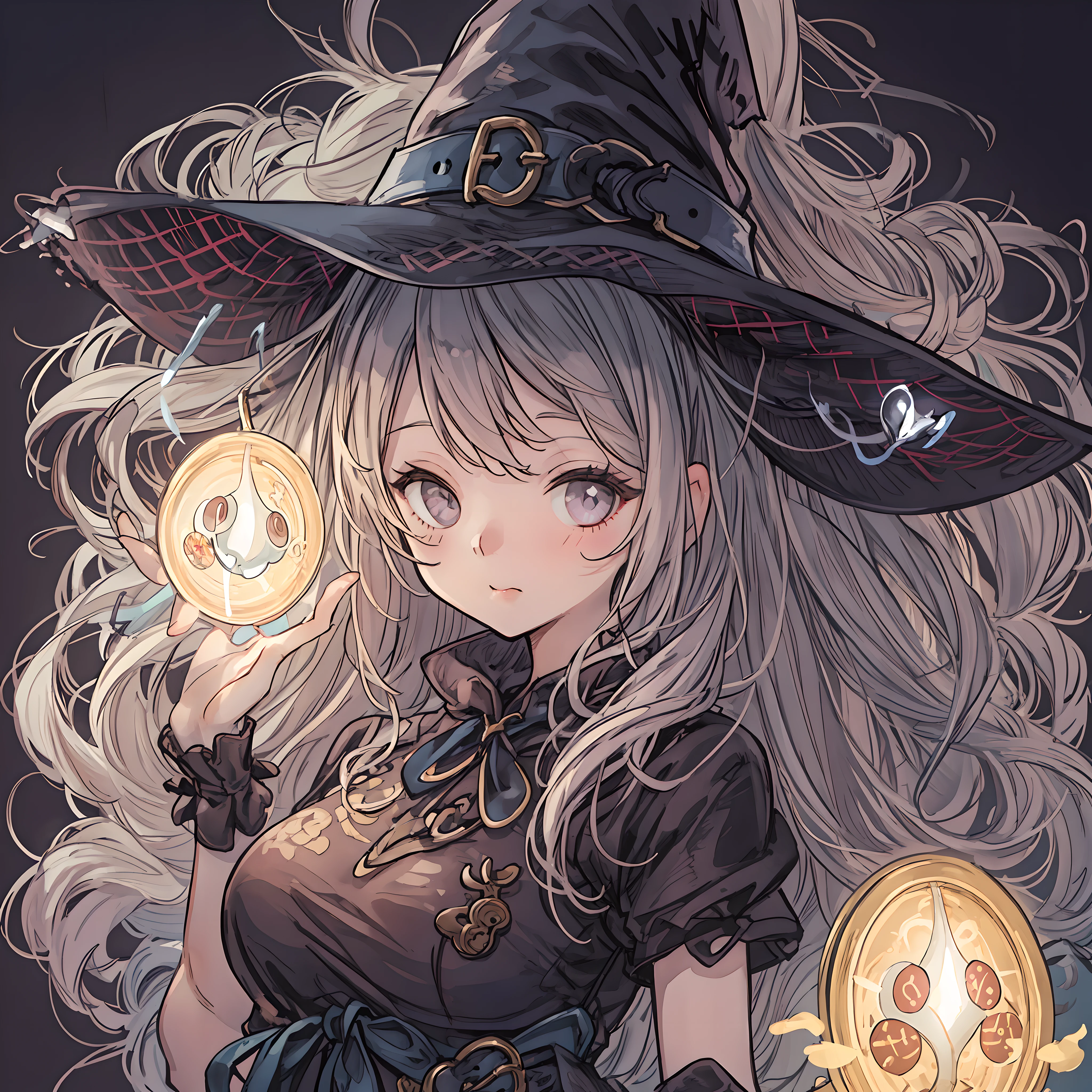 witch, magic, light up, pop up, round face, loli face, small eyes, hair over one eye