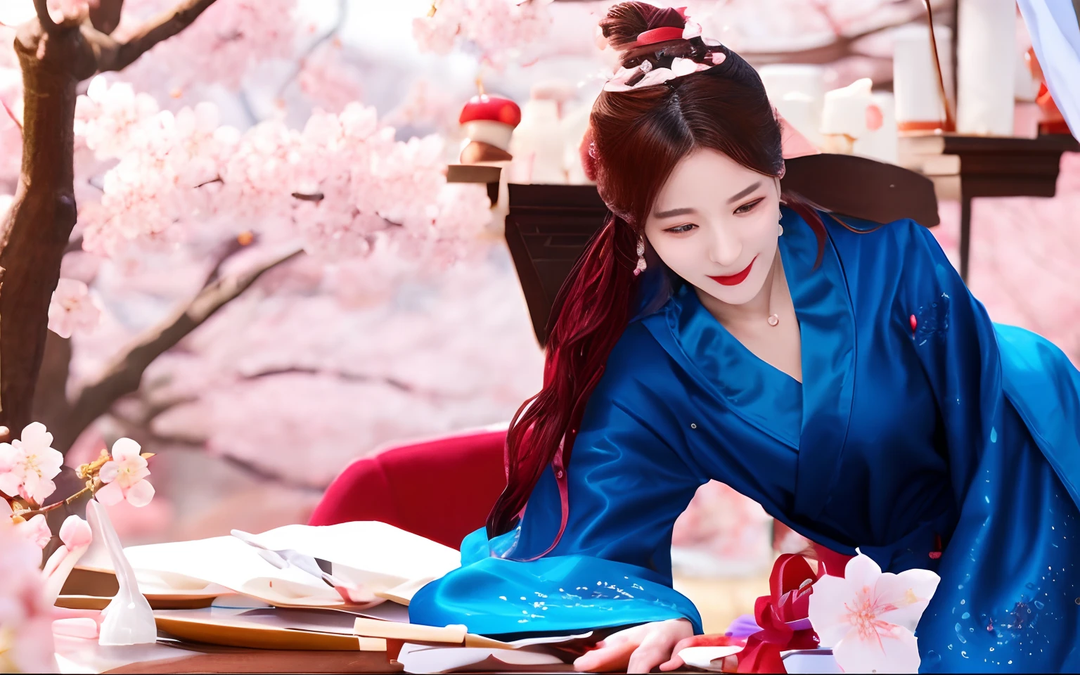 Woman in blue robes、cherry blossom in full bloom、Banquet