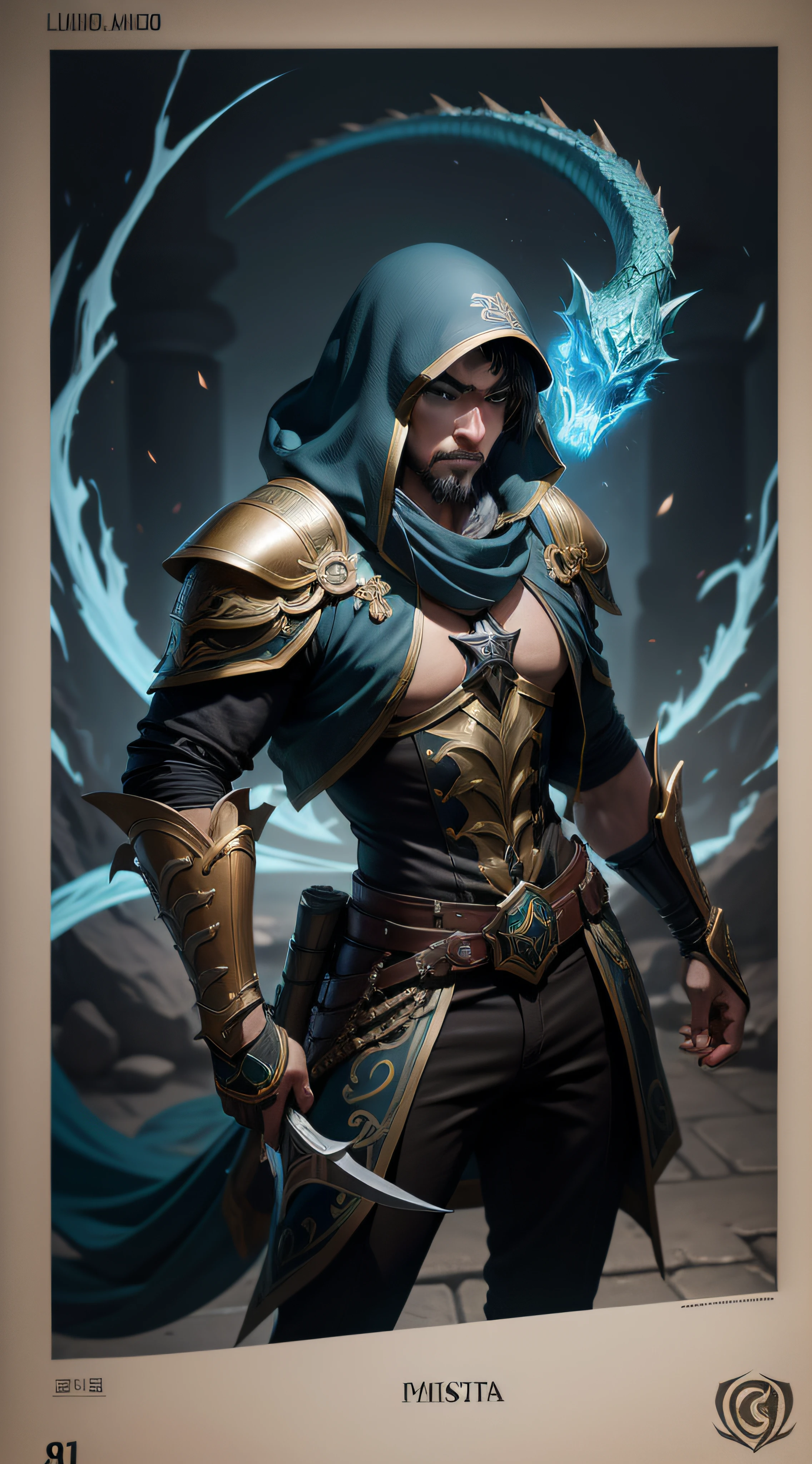 maestro yi, league of legends, 8k guerrero espada, cabello largo azul armadura negra dragon, ltamente detallado e intrincado, La mejor calidad,Obra maestra,alto, foto realista, estudio oscuro, mamado, musculoso