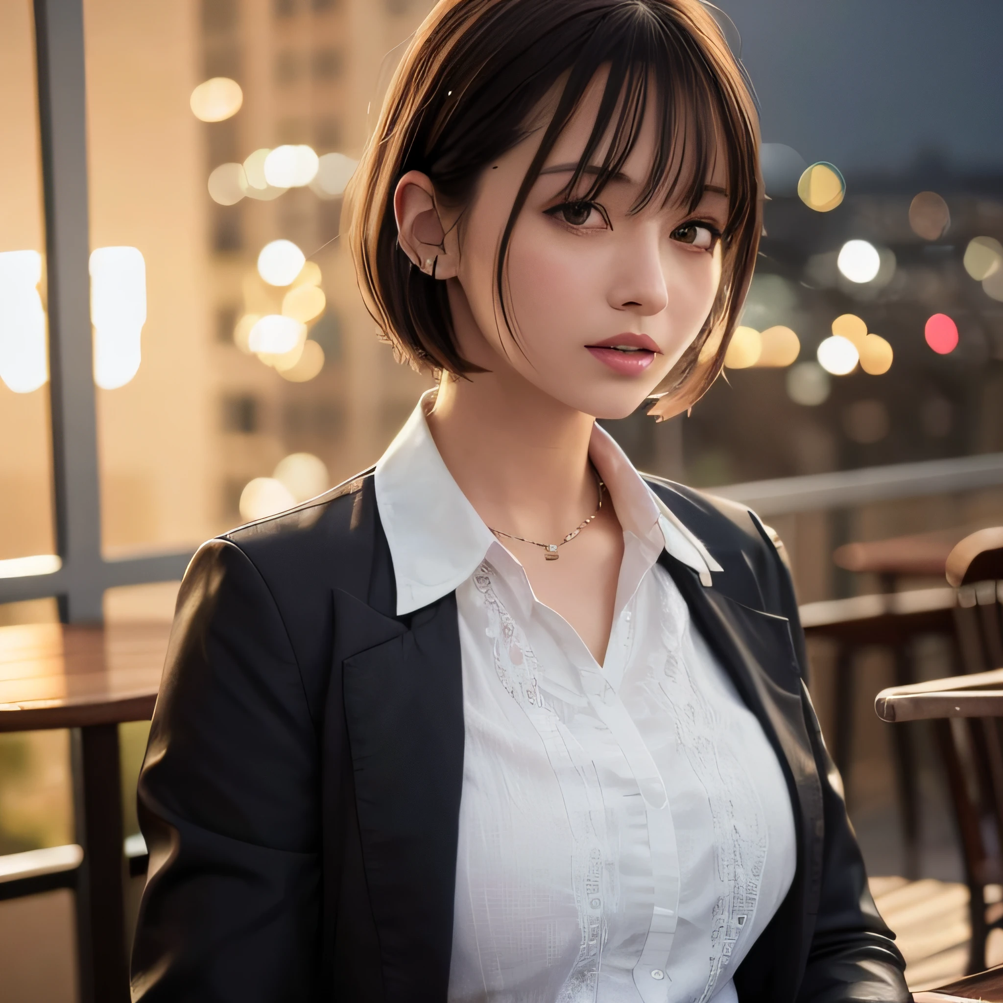 (8k, best quality, masterpiece:1.2), (realistic, photo-realistic:1.37), ultra-detailed, 1 girl, cute, solo, beautiful detailed sky, detailed cafe, night, sitting, dating, (nose blush), (smile:1.15), (closed mouth) small breasts, beautiful detailed eyes, (collared shirt:1.1), night, wet, business attire, rain, white lace, (short hair:1.2), floating hair NovaFrogStyle, topless,