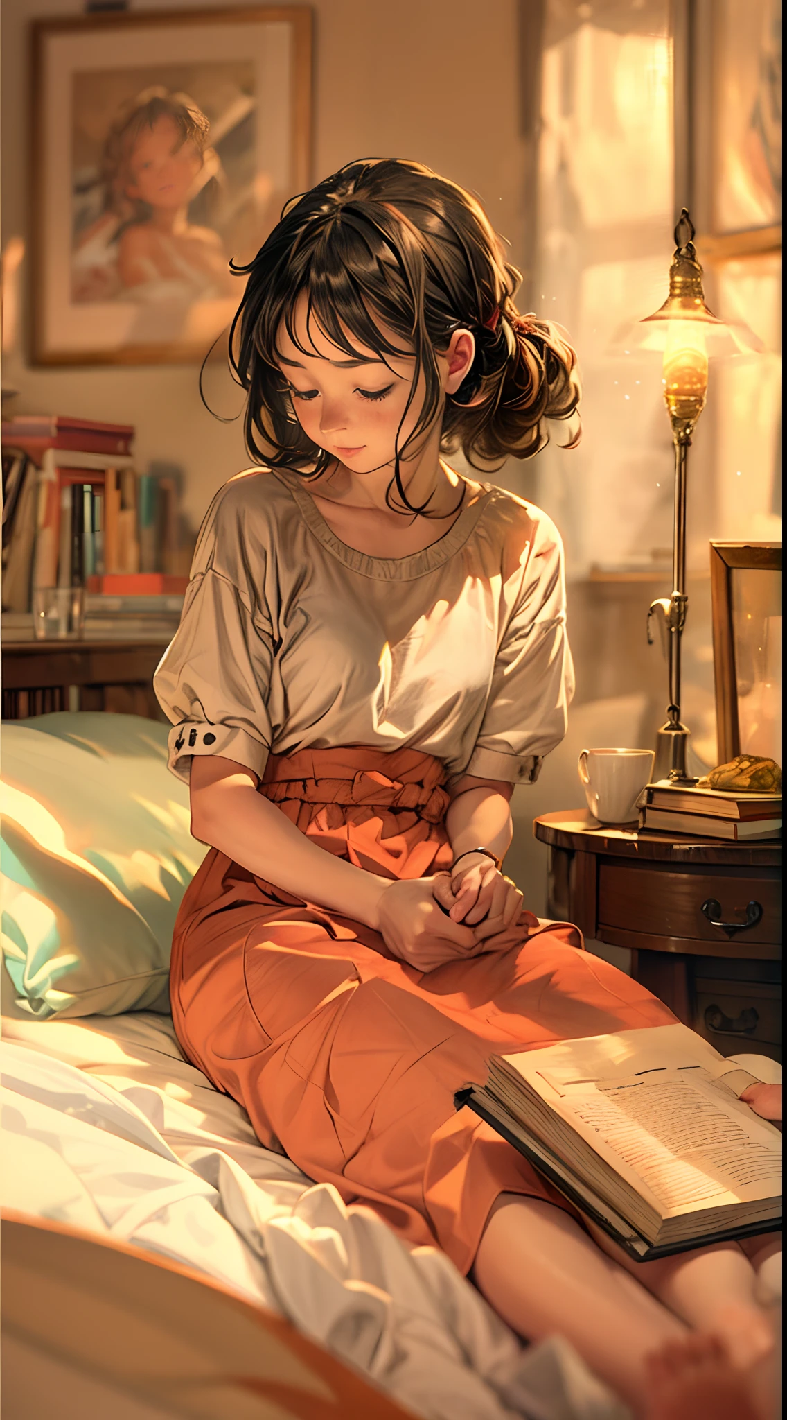 A girl is reclining on the bed, her head tilted slightly to the side, her feet elegantly crossed at the ankles, a book held delicately in her hands, the soft glow of a bedside lamp casting a warm pool of light on the pages, her expression one of quiet contemplation, the room adorned with vintage decor and earthy colors, invoking a sense of nostalgia and intellectual tranquility, Illustration, digital painting, warm color palette with subtle sepia tones