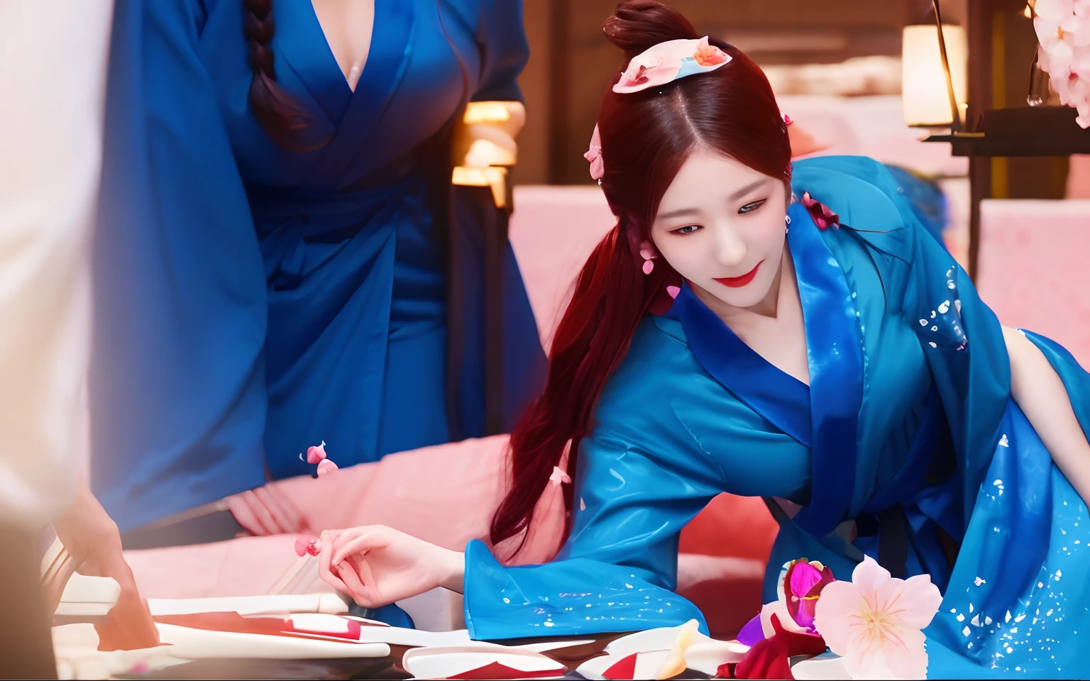 Woman in blue robes、cherry blossom in full bloom、Banquet