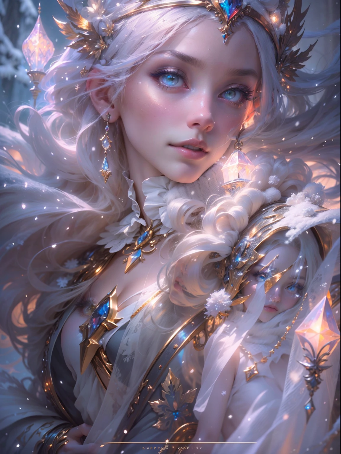 (((masterpiece))), (((best quality))), ((ultra-detailed)),(highly detailed CG illustration), ((an extremely delicate and beautiful)),cinematic lighting. This is a realistic fantasy artwork with contrasting colors and a very mysterious aura. Generate a pure white woman with ((pure white skin)), metallic hair, and bold, colorful eyes. (((Her skin is whiter than snow))). Her face is extremely detailed with realistic shading and her eyes are extremely detailed with absurdly high resolution and bright, bold colors. (((Her eyes are important and must be perfect.))) She has soft, puffy lips. Include many fantasy details such as soft white feathers, beautiful French silk, delicate embroidery, snow, iridescence detailing, phantasmal iridescence detailing, and glitter. Include moonlight, snowflakes, and winterscapes. The character in the artwork is a delicate but strong petite figure with an aura of mystery and magic. The character's clothing should be designed with gossamer feathers, silk, stunning embroidery, and subtle iridescent details. Incorporate dreamy colors, dynamic lighting, and detailed background elements to create a sense of awe and immersion.  Consider the latest trends in fantasy art, such as incorporating unique lighting effects, exploring dynamic and compelling composition techniques, and experimenting with unique color palettes. Take inspiration from the top artists on ArtStation and Midjourney. Camera: Choose an angle that highlights the character's beauty and enhances the magical majesty of the artwork. Lighting: Utilize atmospheric lighting techniques to create depth and mood. Resolution: Aim for a high-resolution artwork to showcase intricate details and clarity. Art Inspirations: Seek inspiration from the trending artists on ArtStation, exploring different styles, genres, and themes.