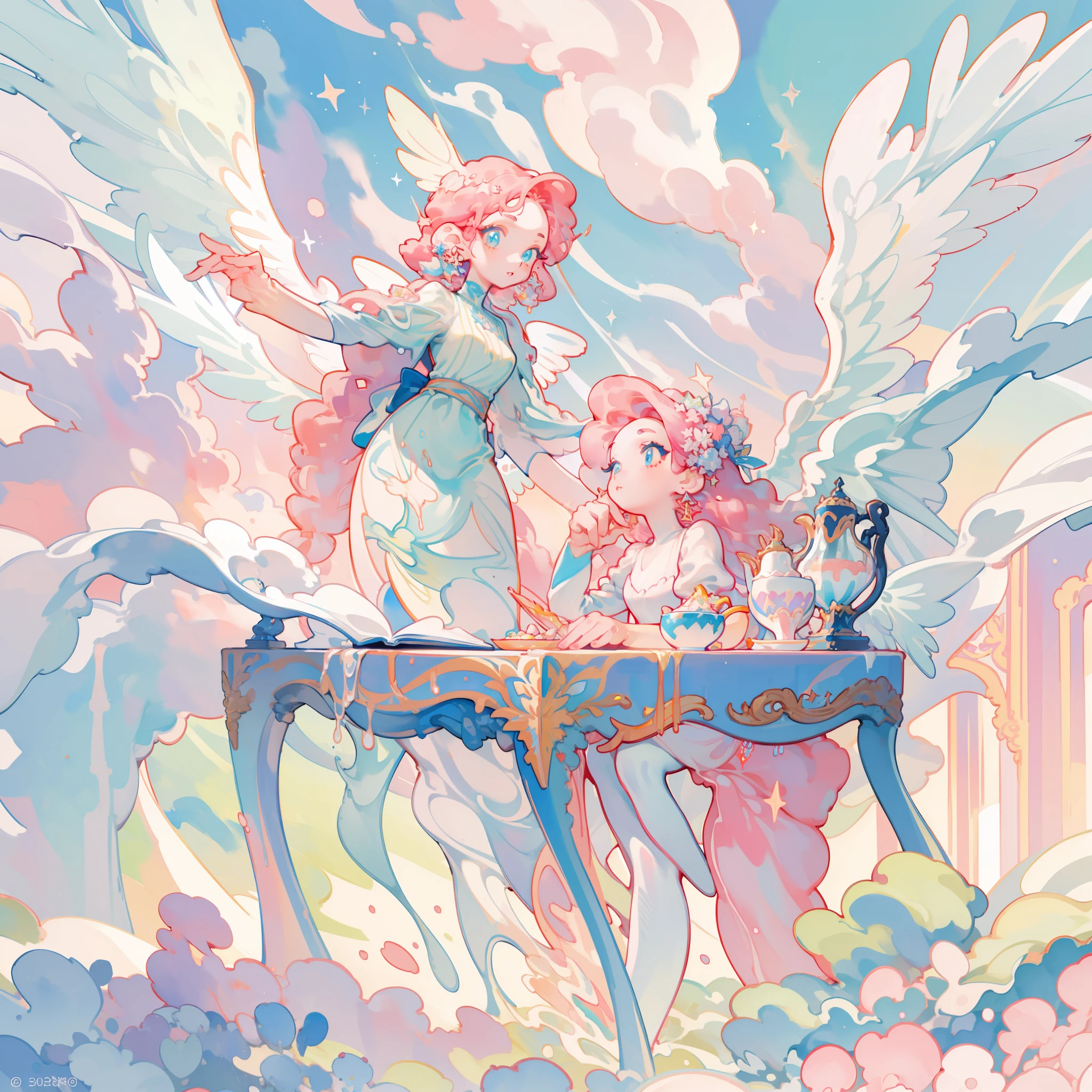 masterpiece, best quality, sharp focus, 8k, intricately detailed environment, anime, watercolor illustration, colorful, bright colors, whimsical, glowing lights, liquid otherworldly, fairy lights, beautiful girl in flowing liquid glowing dress, perfect face, golden ratio, sparkling eyes, watercolor, liquid light, angel wings