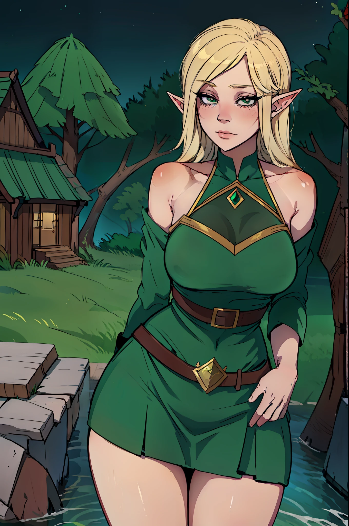 "Beautiful young elf girl, wearing an unrevealing and conservative green dress, standing innocently outisde an elfish village house decorated with elfish ornamentation and patterns, long blonde hair with fringe, green eyes, elf ears, submissive, obedient, innocent, best quality, masterpiece, ultra-detailed, award winning art, portrait"
