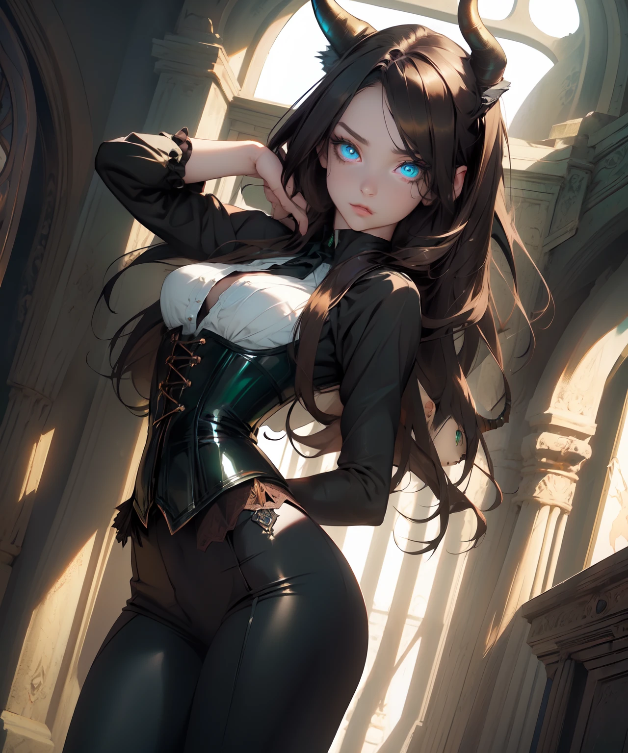 (((Perfect eyes))), ((Perfect limbs))), ((Perfect feature))),Realistic masterpiece of a demon girl with long brown hair , a corset, horns, black wings, cat eyes, and perfect green eyes in a dark environment.