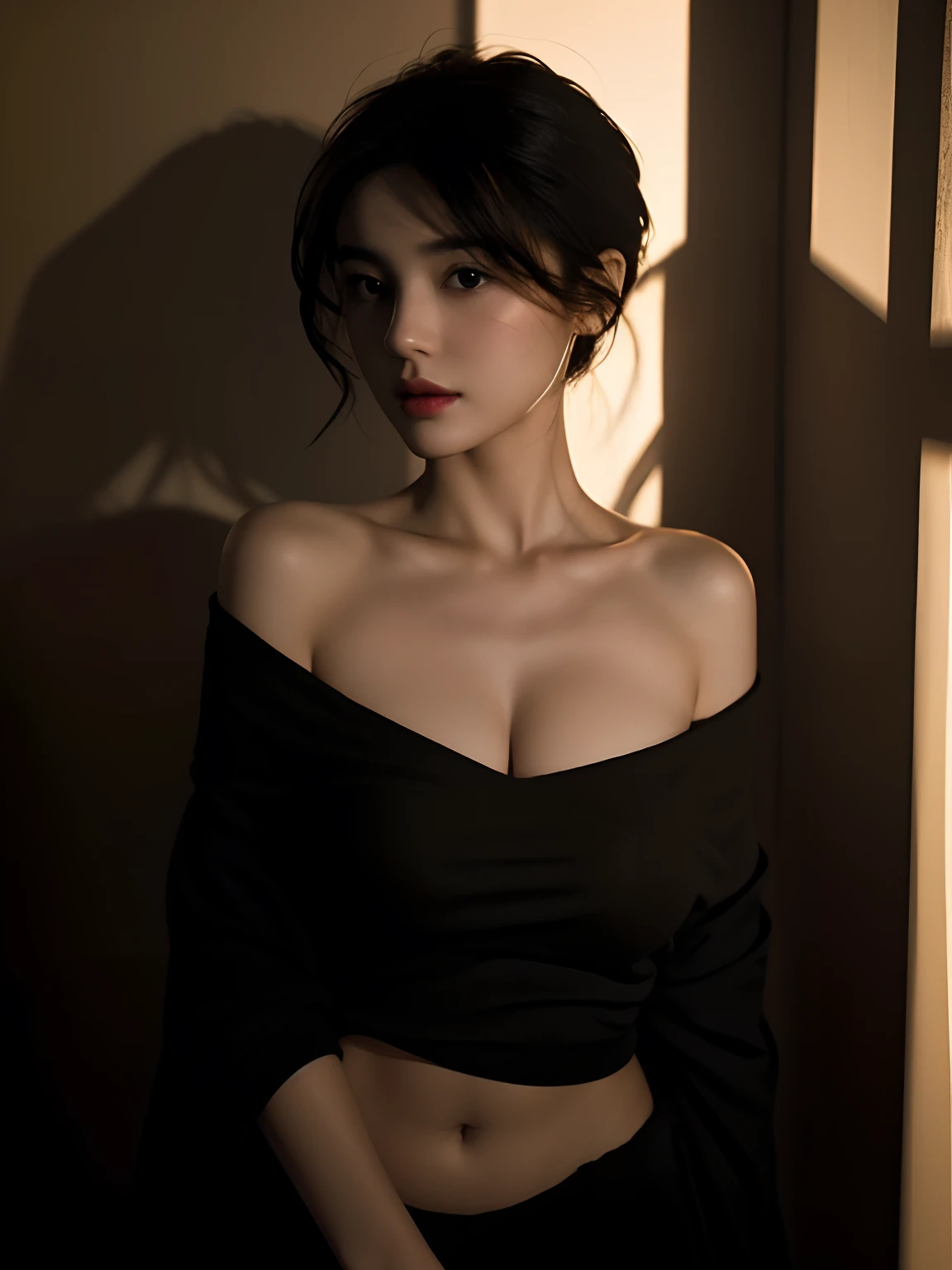 Best quality, masterpiece, ultra high res, (photorealistic:1.5), raw photo, 1girl, offshoulder, in the dark, deep shadow, low key, cold light, sexy look, short hair