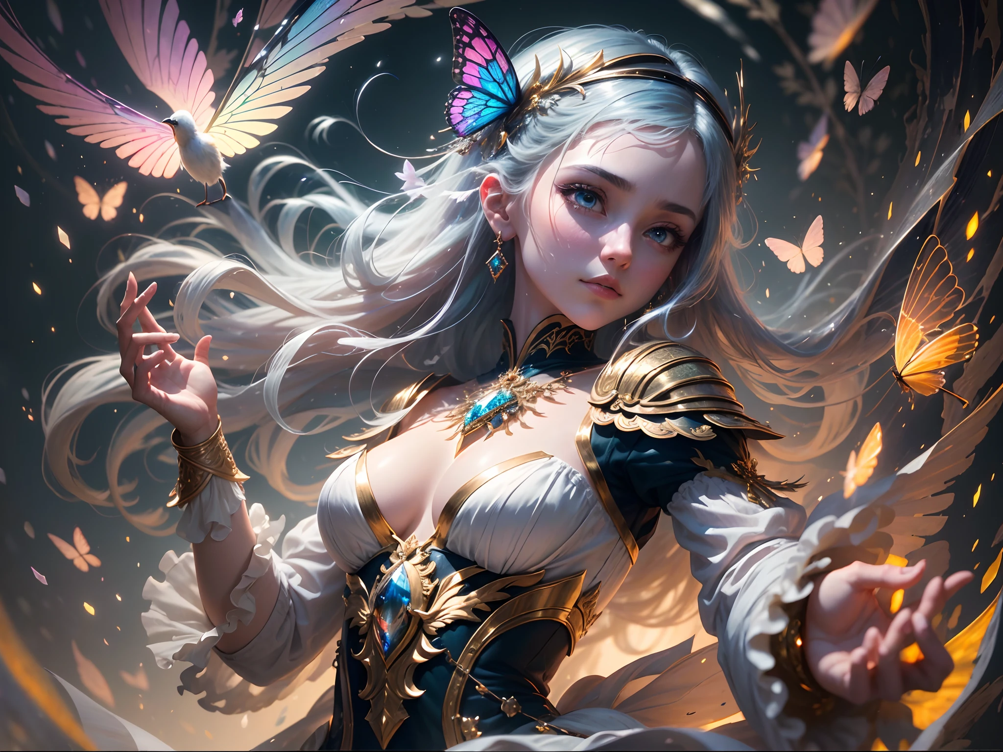 (((masterpiece))), (((best quality))), ((ultra-detailed)),(highly detailed CG illustration), ((an extremely delicate and beautiful)),cinematic light, Create a stunning fantasy artwork that mimics the style of currently trending masters of the genre. The art piece should contain elements of both mythic fantasy and fairytale fantasy with colorful accents. The character in the artwork is a delicate but strong figure with an aura of mystery and magic. The character should be petite with subtle breasts. Pay close attention to intricate facial features, such as mesmerizing eyes with vibrant colors and delicate shading. The character's clothing should be designed with gossamer feathers, silk, stunning embroidery, and subtle iridescent details. Incorporate vibrant colors, dynamic lighting, and detailed background elements to create a sense of awe and immersion. Include colorful flying magical birds and jewel-toned butterflies radiating a magical aura. Consider the latest trends in fantasy art, such as incorporating unique lighting effects, exploring dynamic and compelling composition techniques, and experimenting with unique color palettes. Take inspiration from the top artists on ArtStation and Midjourney. Camera: Choose an angle that highlights the character's beauty and enhances the magical majesty of the artwork. Lighting: Utilize atmospheric lighting techniques to create depth and mood. Resolution: Aim for a high-resolution artwork to showcase intricate details and clarity. Art Inspirations: Seek inspiration from the trending artists on ArtStation, exploring different styles, genres, and themes.