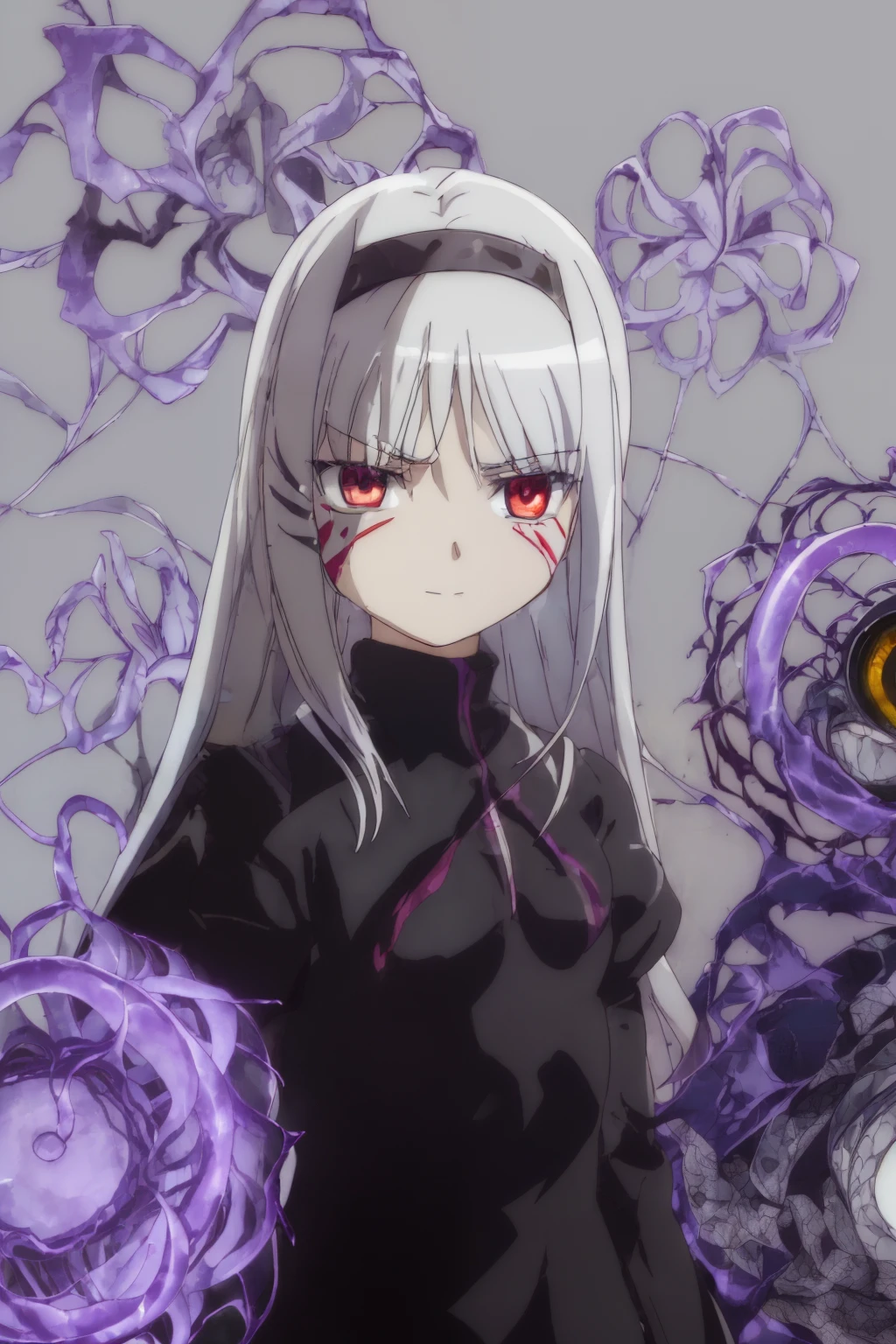 ((((((simple background)))))),looking at viewer,standing,staring straight,1girl,(((intricate iris, white hair,redeyes,))),evil smile,black jacket,leotard,inner glowing eyes,reinforce, 1girl,(((silver hair,red facepainting))),cowboy shot,akemi homura, mahou shoujo lyrical nanoha,