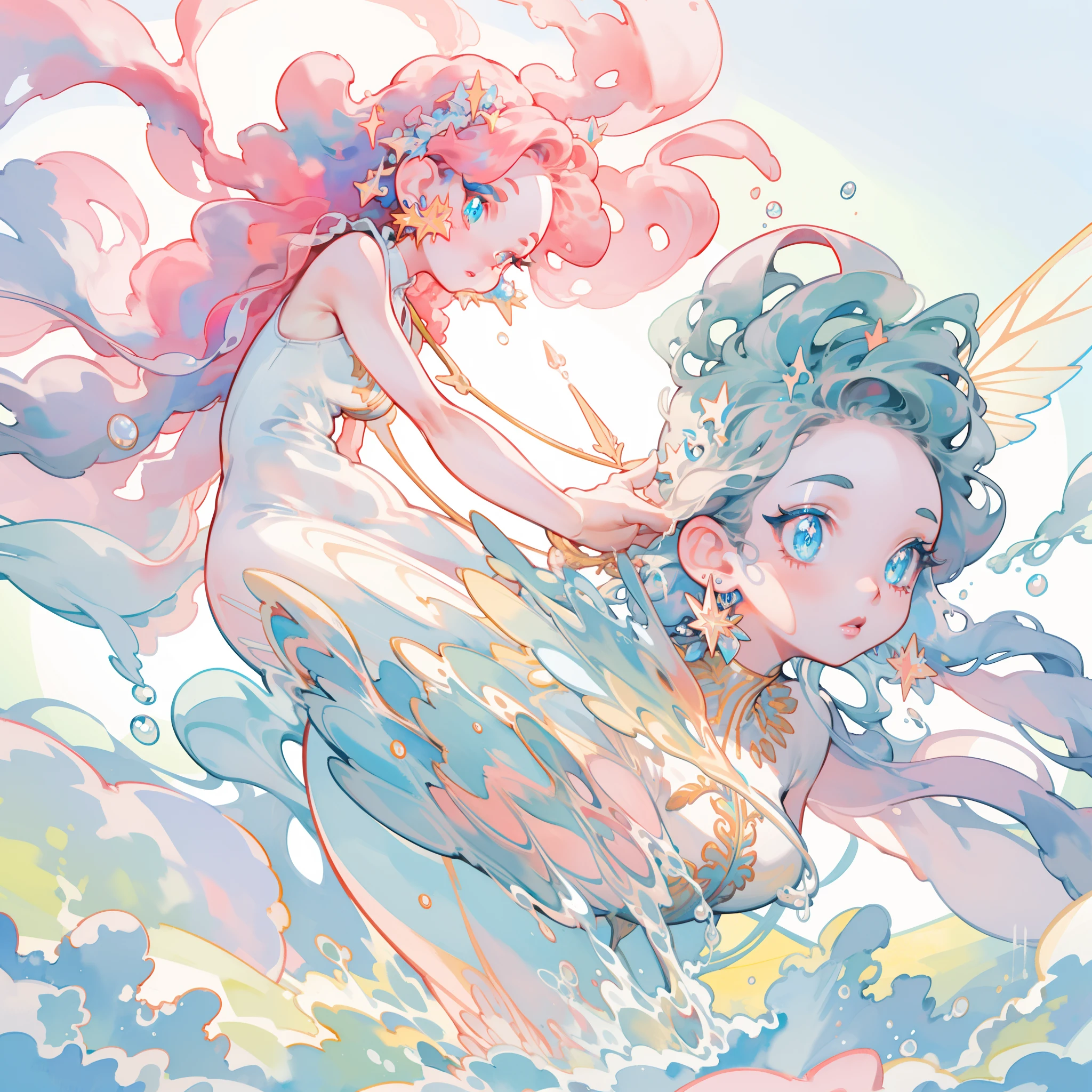 masterpiece, best quality, sharp focus, 8k, intricately detailed environment, anime, watercolor illustration, colorful, bright colors, whimsical, glowing lights, liquid otherworldly, fairy lights, beautiful girl in flowing liquid glowing dress, perfect face, golden ratio, sparkling eyes, watercolor, liquid light, angel wings