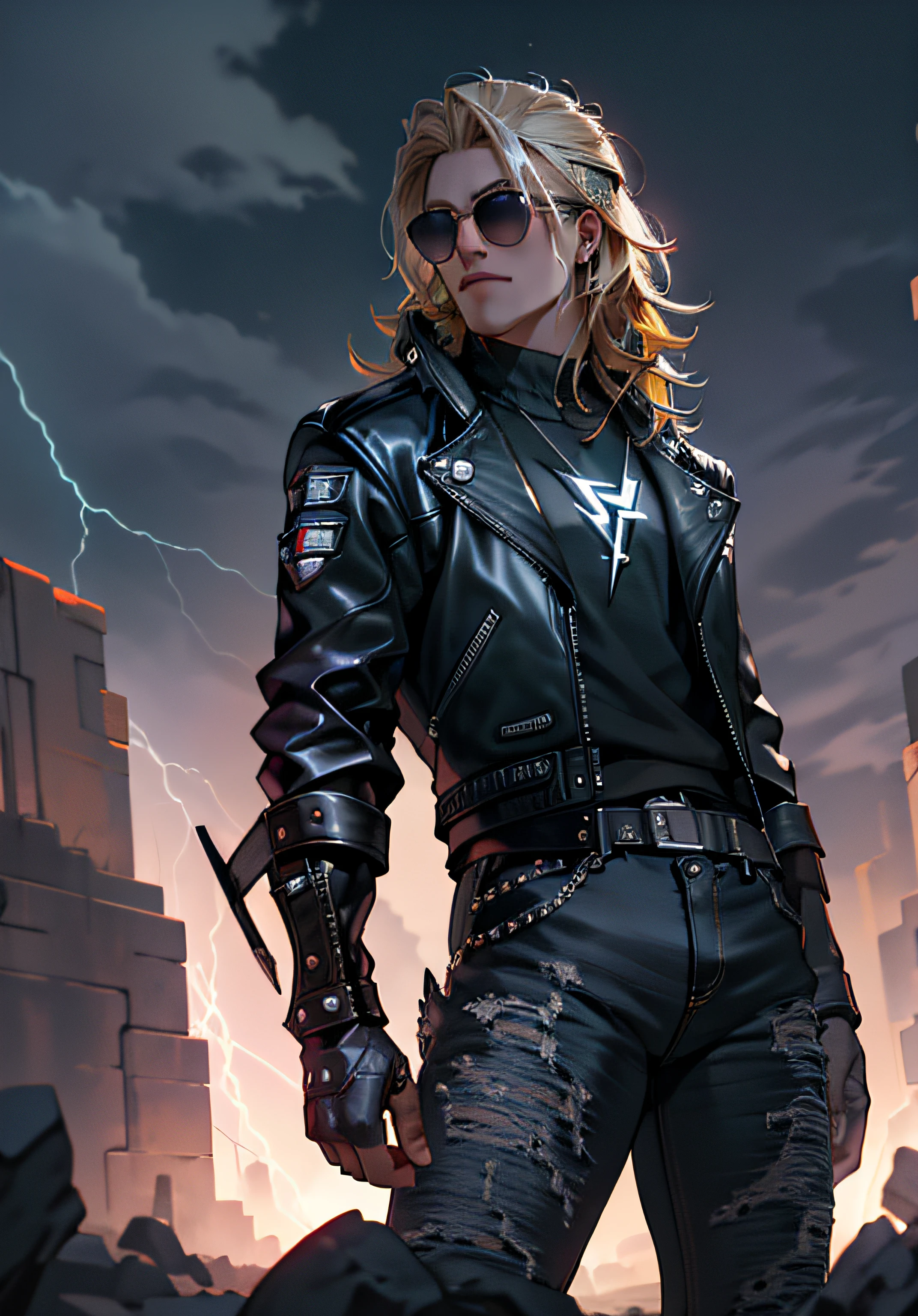 ((Melhore o rosto)), ((piece of master, obra prima, melhor qualidade)), ultra detalhado 8k, Absurdo, 1 Thor masculino, Solo wearing a studded motorcycle jacket and black jeans, (Posar: Metallica), with sunglasses, raios ao redor de si, thunders, thunders , cabelo blond, cabelo longo, roupas pretas, vestes pretas, Nebula and smoke, Pano preto, both hands together holding a lightning bolt, a thunderclap, tempo fechado, tempo nublado, Tempo escuro, Cidade, raios ao redor , com o planeta terra no fundo, and lightning in the hand