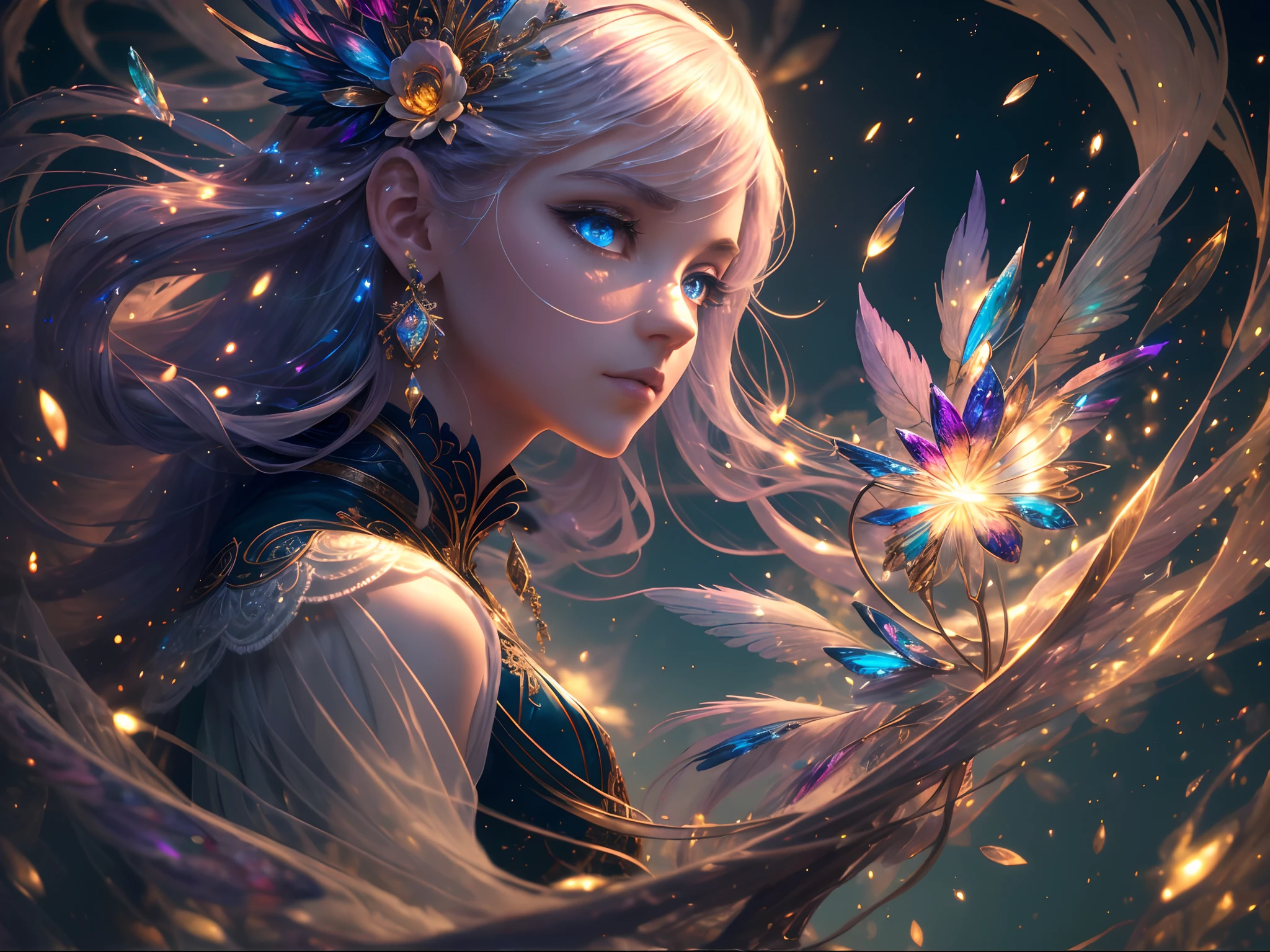 (((masterpiece))), (((best quality))), ((ultra-detailed)),(highly detailed CG illustration), ((an extremely delicate and beautiful)),cinematic light, Create a stunning fantasy artwork that mimics the style of currently trending masters of the genre. The art piece should contain elements of both mythic fantasy and fairytale fantasy with colorful accents. The character in the artwork is a delicate but strong figure with an aura of mystery and magic. The character should be petite with subtle breasts. Pay close attention to intricate facial features, such as ((((mesmerizing eyes with vibrant colors and delicate shading)))). (((Her eyes are the most important part of this image and must be perfect.))) The character's clothing should be designed with gossamer feathers, silk, stunning embroidery, and subtle iridescent details. Incorporate vibrant colors, dynamic lighting, and detailed background elements to create a sense of awe and immersion. Include colorful flying magical birds and jewel-toned butterflies radiating a magical aura. Consider the latest trends in fantasy art, such as incorporating unique lighting effects, exploring dynamic and compelling composition techniques, and experimenting with unique color palettes. Take inspiration from the top artists on ArtStation and Midjourney. Camera: Choose an angle that highlights the character's beauty and enhances the magical majesty of the artwork. Lighting: Utilize atmospheric lighting techniques to create depth and mood. Resolution: Aim for a high-resolution artwork to showcase intricate details and clarity. Art Inspirations: Seek inspiration from the trending artists on ArtStation, exploring different styles, genres, and themes.