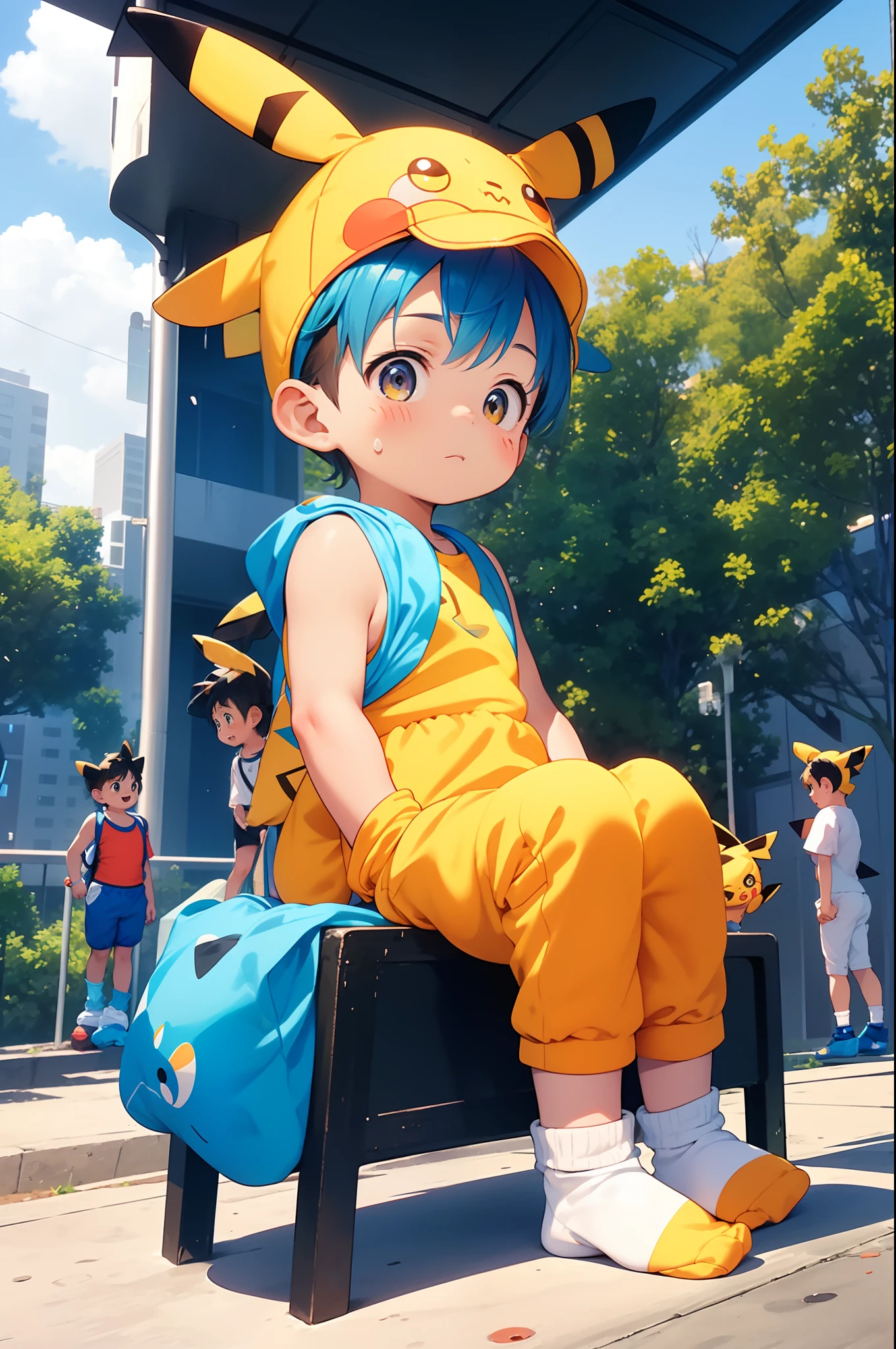 chubby Little boy with blue hair and shiny orange eyes and yellow socks wearing a pikachu costume sitting on a bench in a park, young, boy, child, small, toddler, (child:1.4), (boy:1.4), (shota:1.4), (sweatpants:1.4), (pikachu costume:1.6), (socks:1.8),