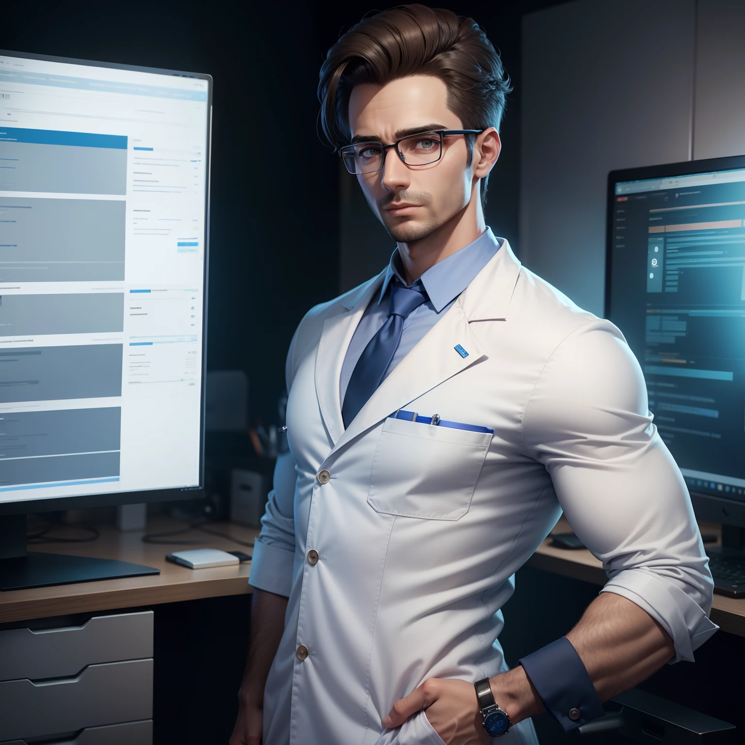 Male doctor, muito magro, realista, Q version doctor, Avental branco, penteado em polegadas, glasses, 3D rendering, solid color backdrop, fundo azul, foto de corpo inteiro