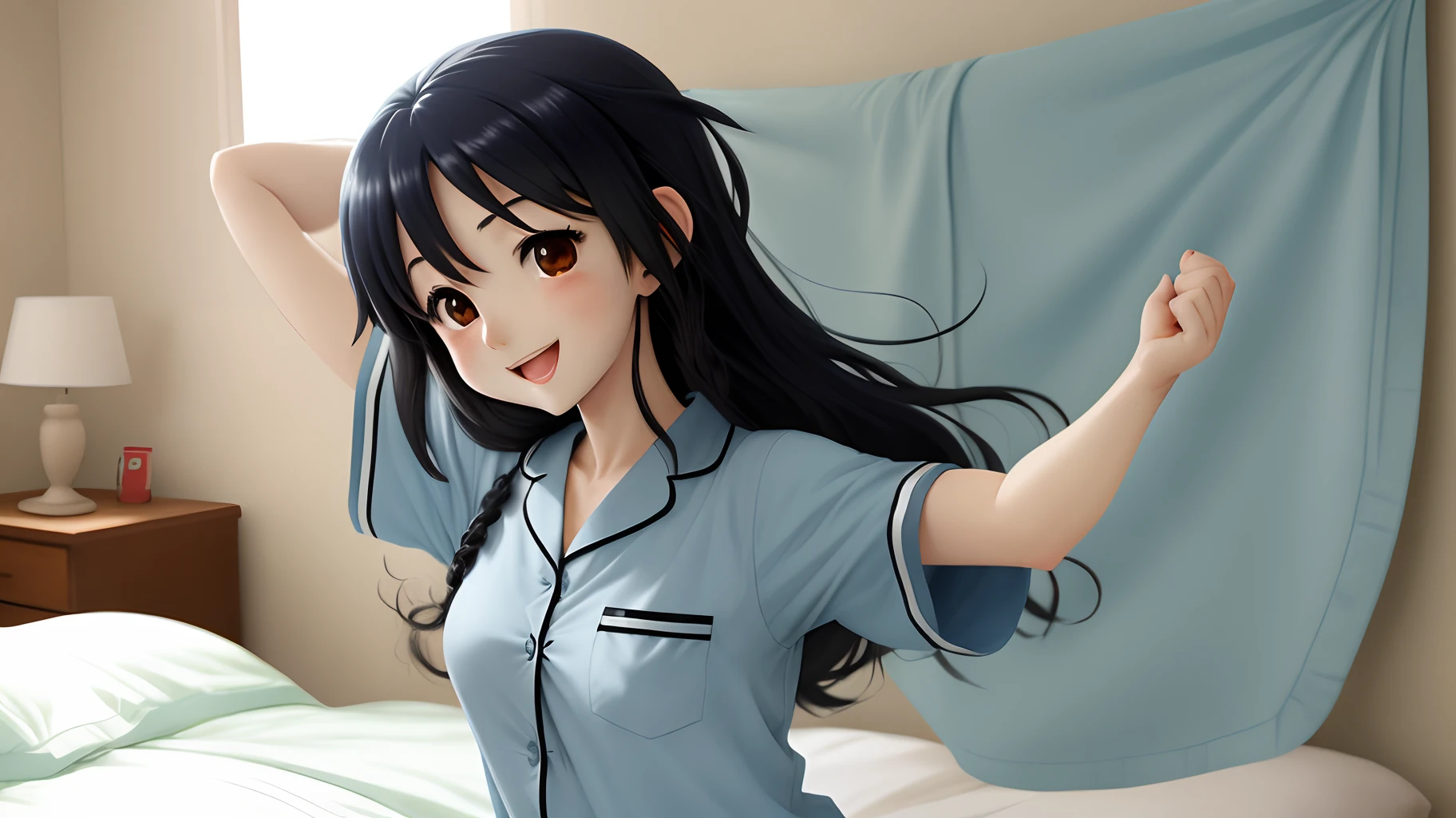 A beautiful anime girl raises her arms up on the bed, Banzai, good morning, wake up, smile, light blue pajamas and long black hair