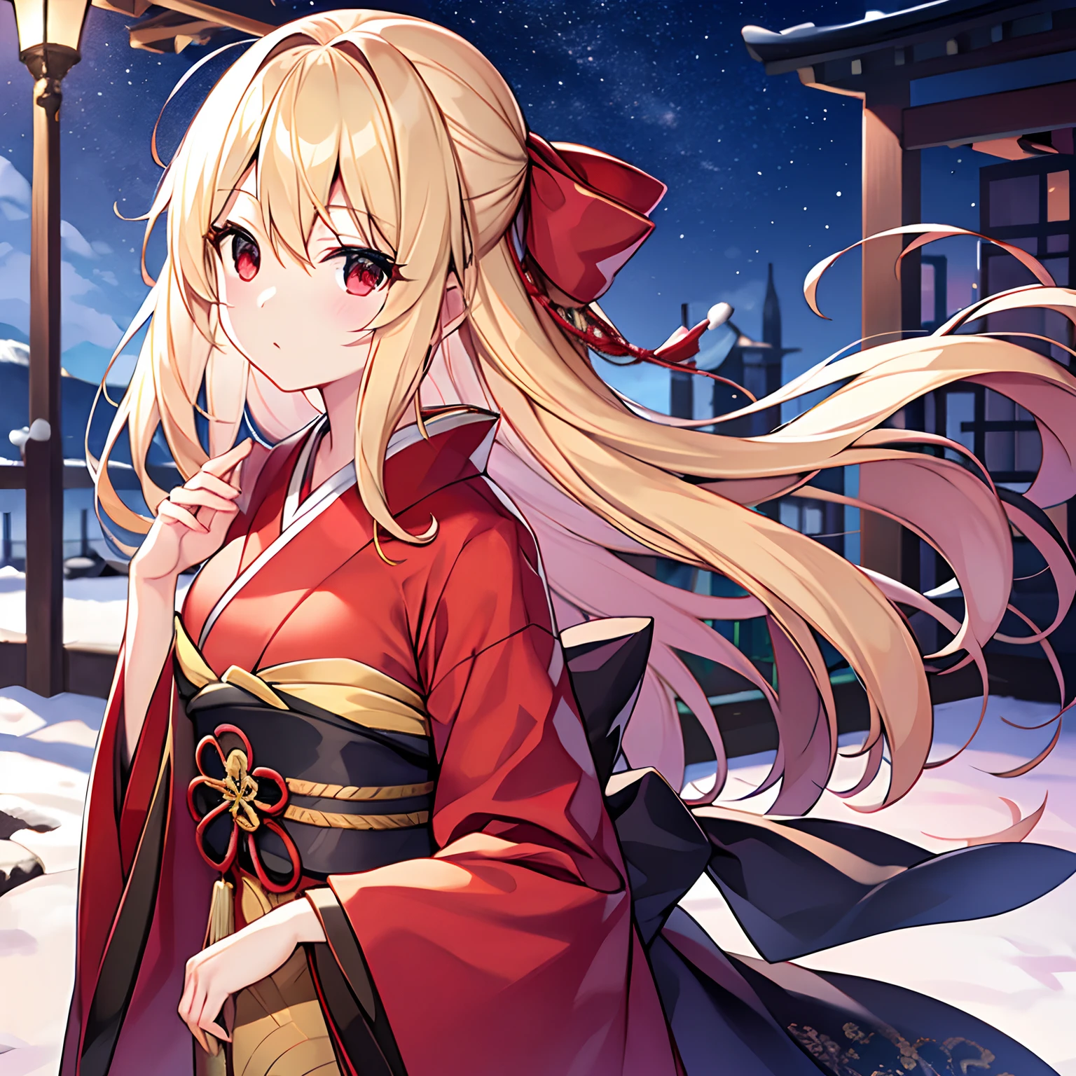 a blond、red eyes、Beautiful girl alone、独奏、animesque、Black kimono、natta、snowfall
