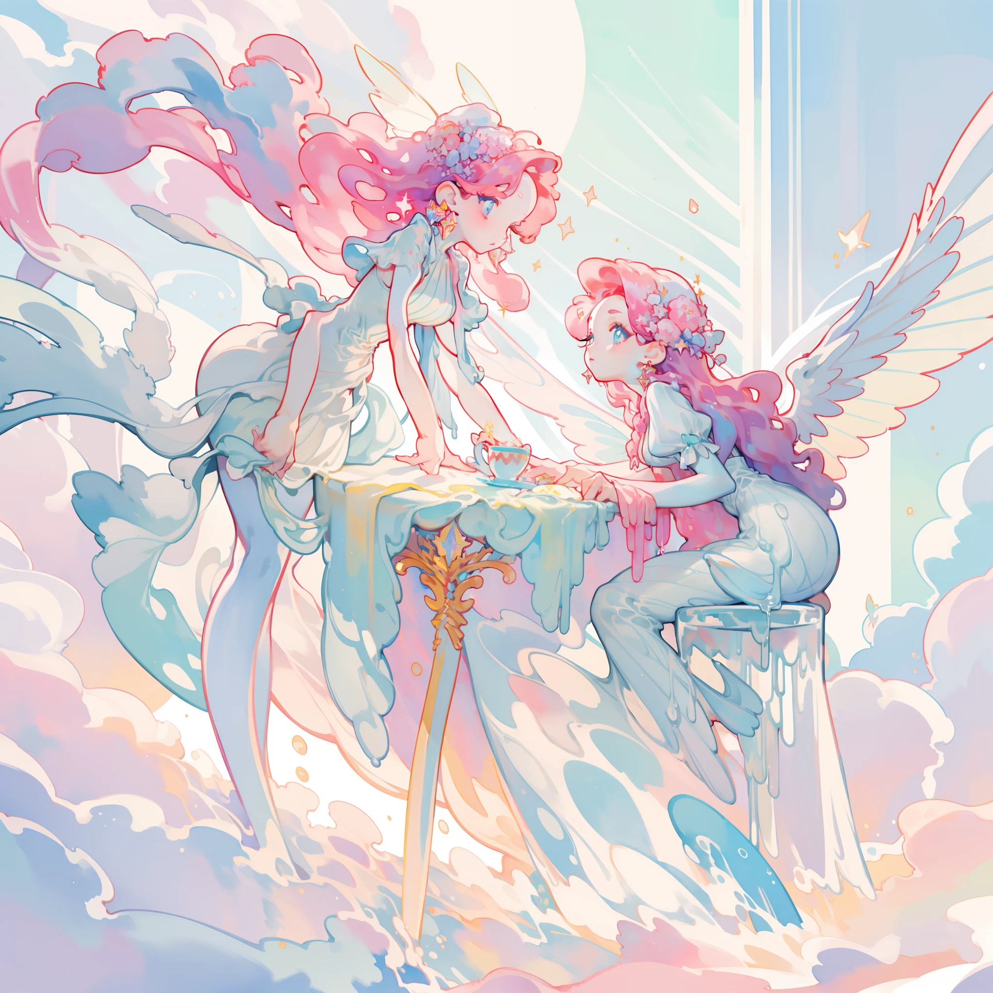 masterpiece, best quality, sharp focus, 8k, intricately detailed environment, anime, watercolor illustration, colorful, bright colors, whimsical, glowing lights, liquid otherworldly, fairy lights, beautiful girl in flowing liquid glowing dress, perfect face, golden ratio, sparkling eyes, watercolor, liquid light, angel wings