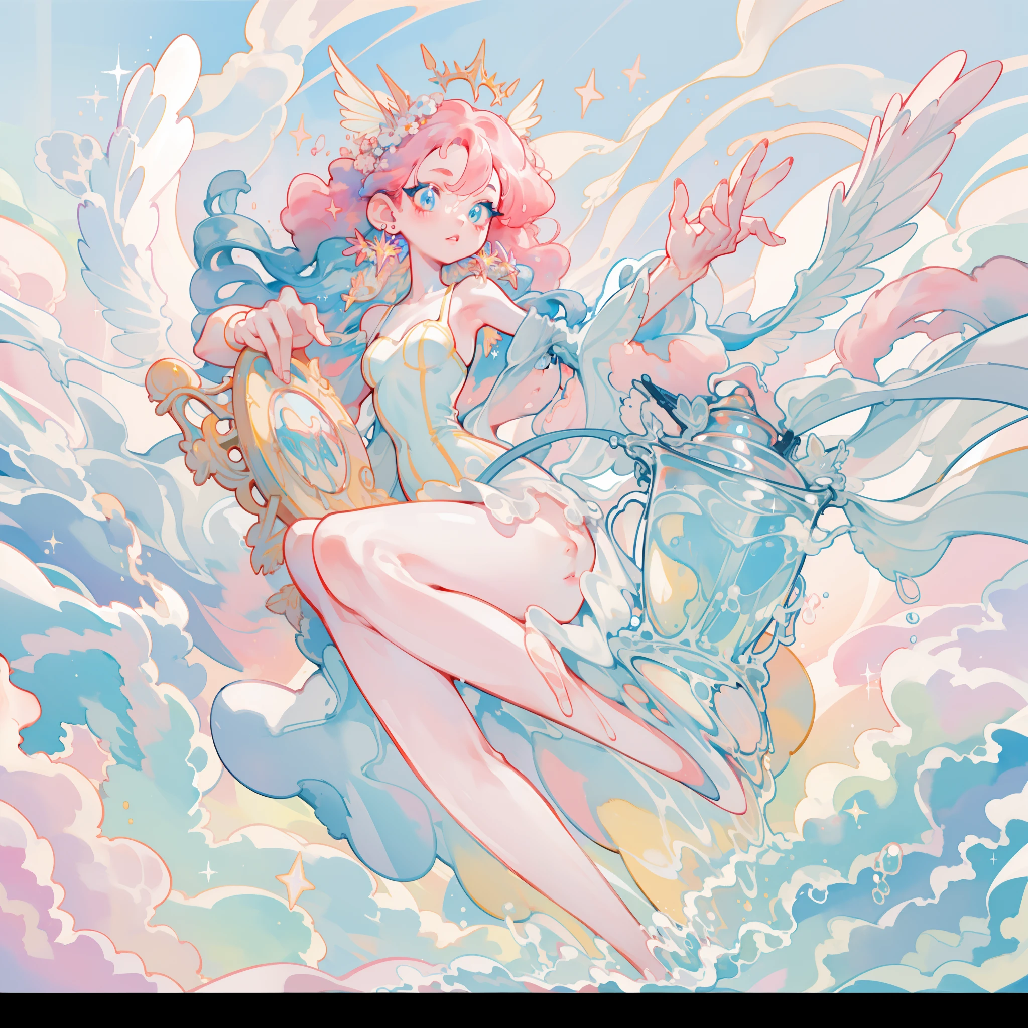 masterpiece, best quality, sharp focus, 8k, intricately detailed environment, anime, watercolor illustration, colorful, bright colors, whimsical, glowing lights, liquid otherworldly, fairy lights, beautiful girl in flowing liquid glowing dress, perfect face, golden ratio, sparkling eyes, watercolor, liquid light, angel wings