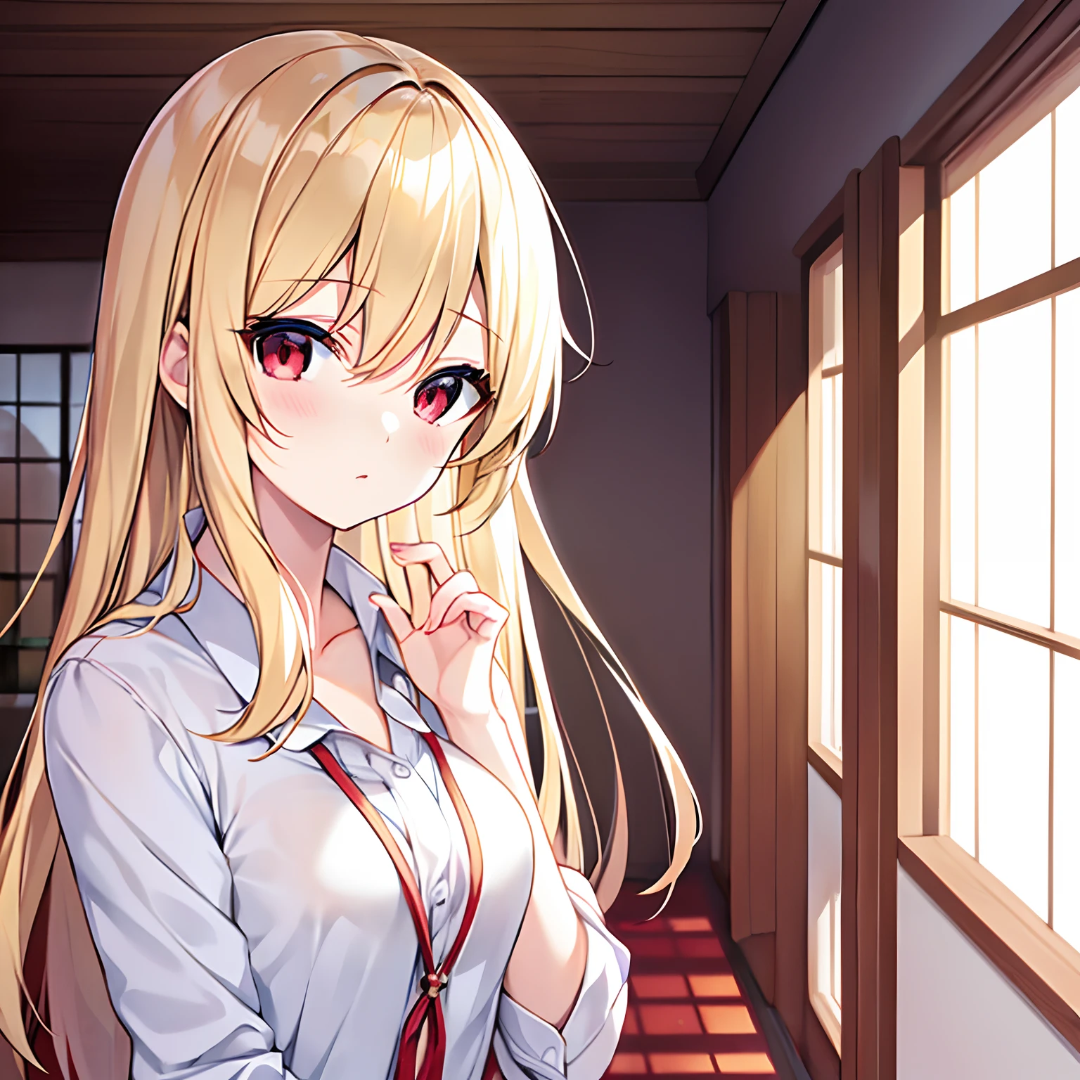 a blond、red eyes、Beautiful girl alone、独奏、animesque、Shirt only