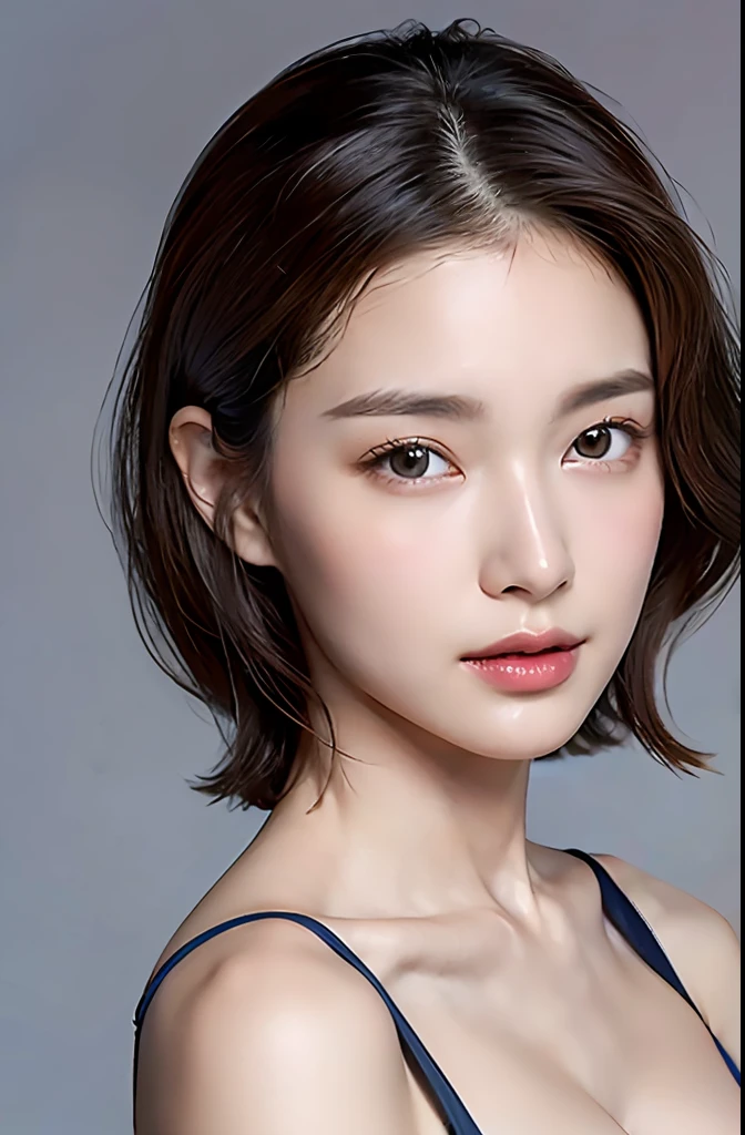 Gentle and beautiful woman, half body photo, delicate and sexy collarbone, charming oval face, double eyelids, smart peach blossom eyes, pink lips, small nose, bare shoulders, focused face, face close-up, ultra-high-definition, super Details, elegant standing posture, gray blue high-value cross beautiful back underwear women's no steel ring small chest push-up sexy breast adjustable bra set