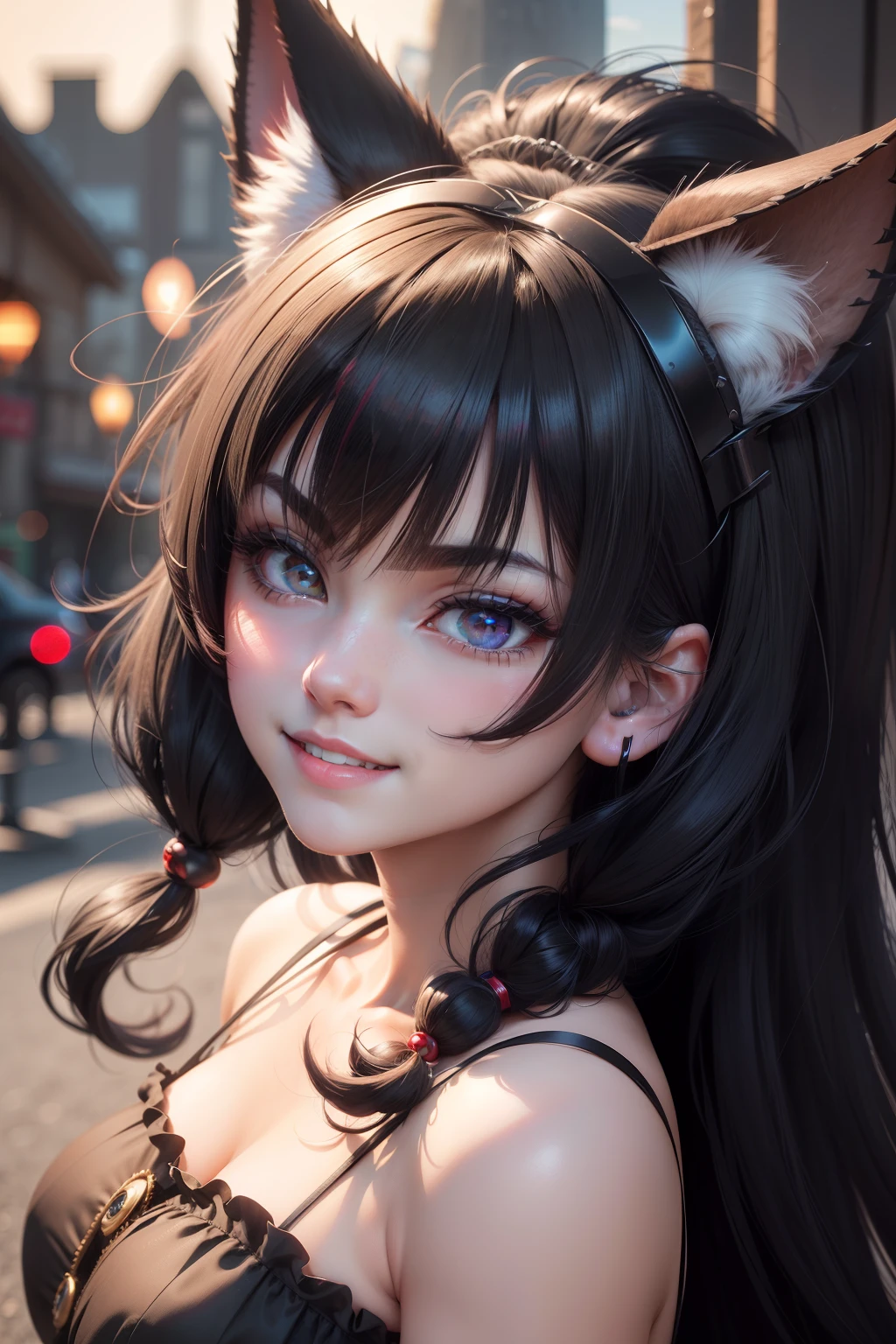 black hair, hair bobbles, wince, longeyelashes, solid circle eyes, fake animal ears, light smile, ear blush, fang, Surrealism, drop shadow, anaglyph, stereogram, tachi-e, pov, atmospheric perspective, 8k, super detail, ccurate, best quality