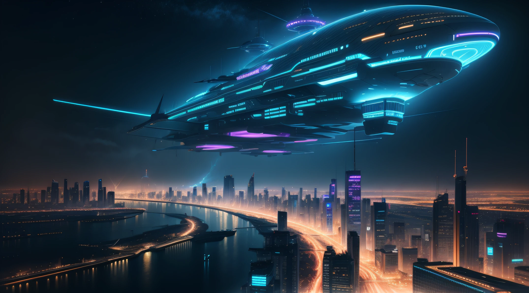 future city with neon lights flying airships HD high resolution 4K