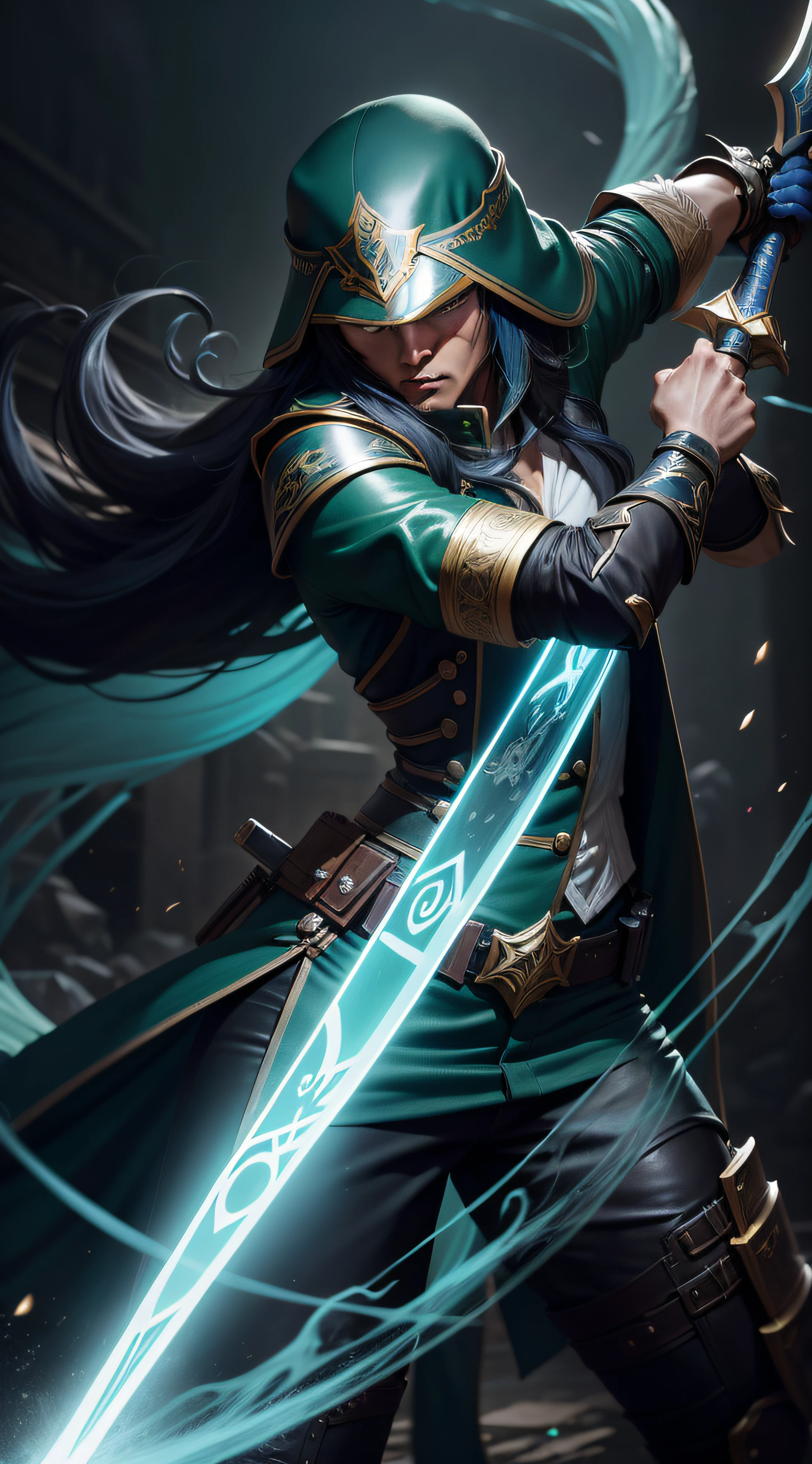 maestro yi, league of legends, 8k guerrero espada, cabello largo azul armadura negra dragon, ltamente detallado e intrincado, La mejor calidad,Obra maestra,alto, foto realista, estudio oscuro, mamado, musculoso