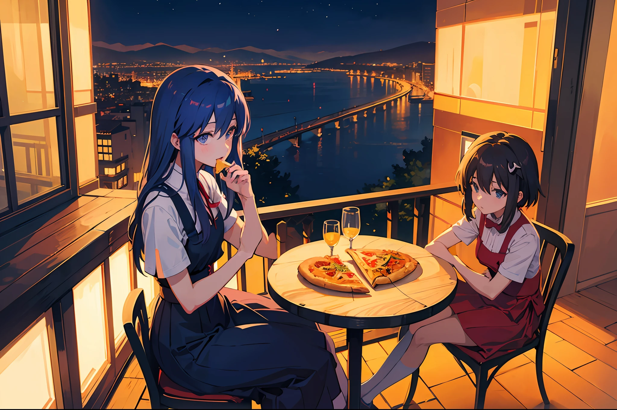 Anime girl enjoying a slice of pizza at a terrace table overlooking the nocturnal cityscape of Naples. The scene is inspired by the enchanting artistry of Studio Ghibli and infused with a hint of the aesthetic of Evangelion.