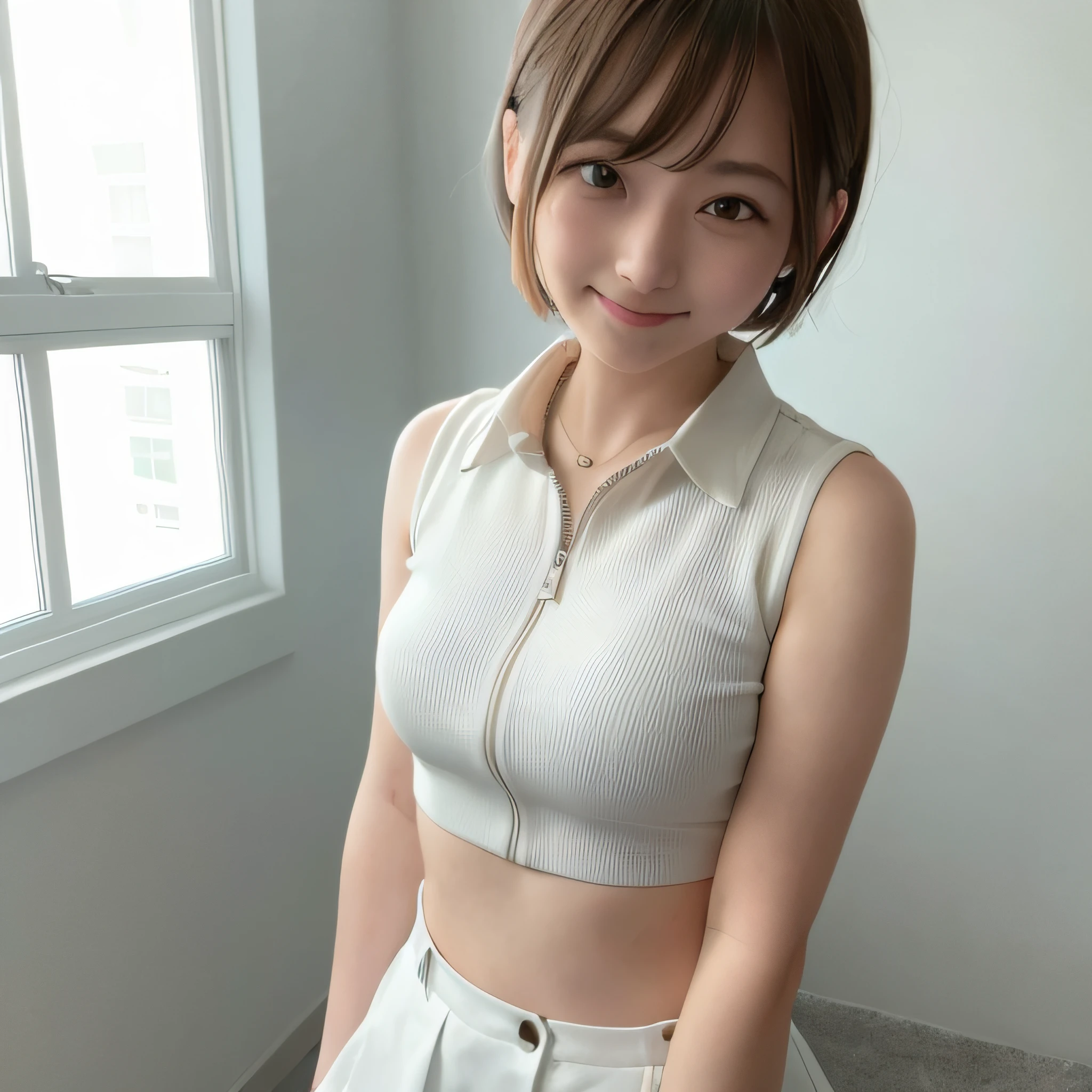 (8k、top-quality、masterpiece:1.2)、(realisitic、Photorealsitic:1.37)、ultra-detailliert、 1 人、cute little、独奏、High School Classroom、daytime、full bodyesbian、Jumping、date、(Nasal blush)、 (a smile:1.15)、(a closed mouth)small titne and beautiful eyes、(shirt with collar:1.1)、white tank tops、a miniskiir:1.2)、Float NovaFrogStyle、Zipper miniskirt