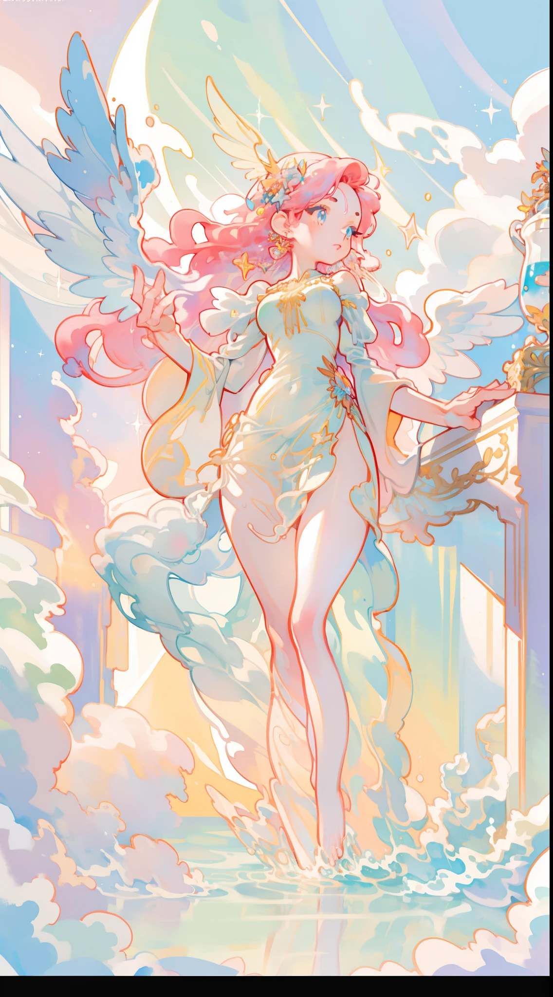 masterpiece, best quality, sharp focus, 8k, intricately detailed environment, anime, watercolor illustration, colorful, bright colors, whimsical, glowing lights, liquid otherworldly, fairy lights, beautiful girl in flowing liquid glowing dress, perfect face, golden ratio, sparkling eyes, watercolor, liquid light, angel wings