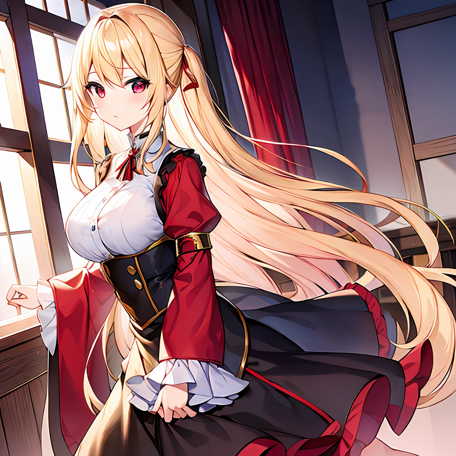 a blond、red eyes、Beautiful girl alone、独奏、animesque、Shirt only