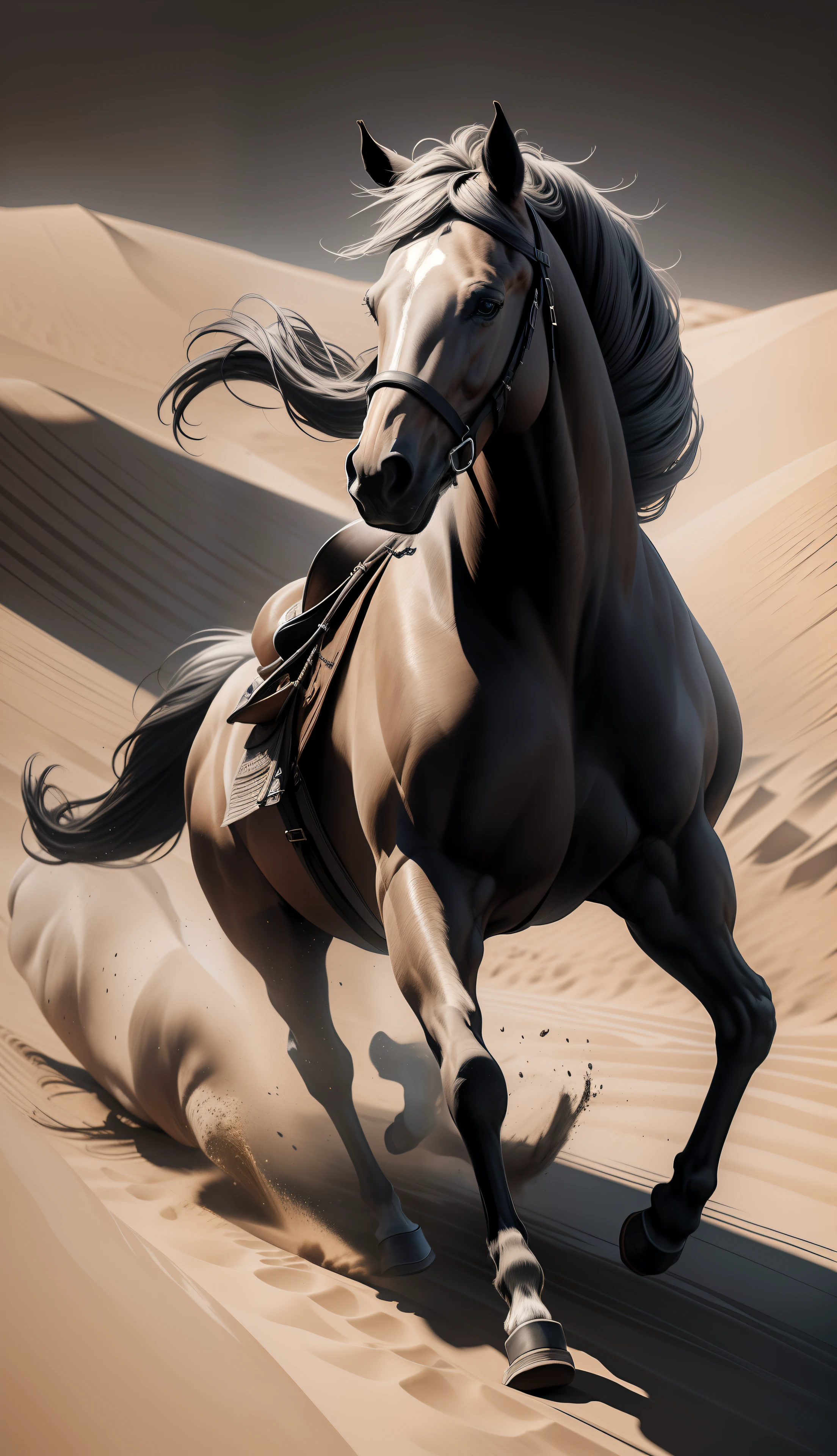 a drawing of a horse running in the sand, a charcoal drawing , cgsociety, fantasy art, majestic, masculine, charcoal drawing