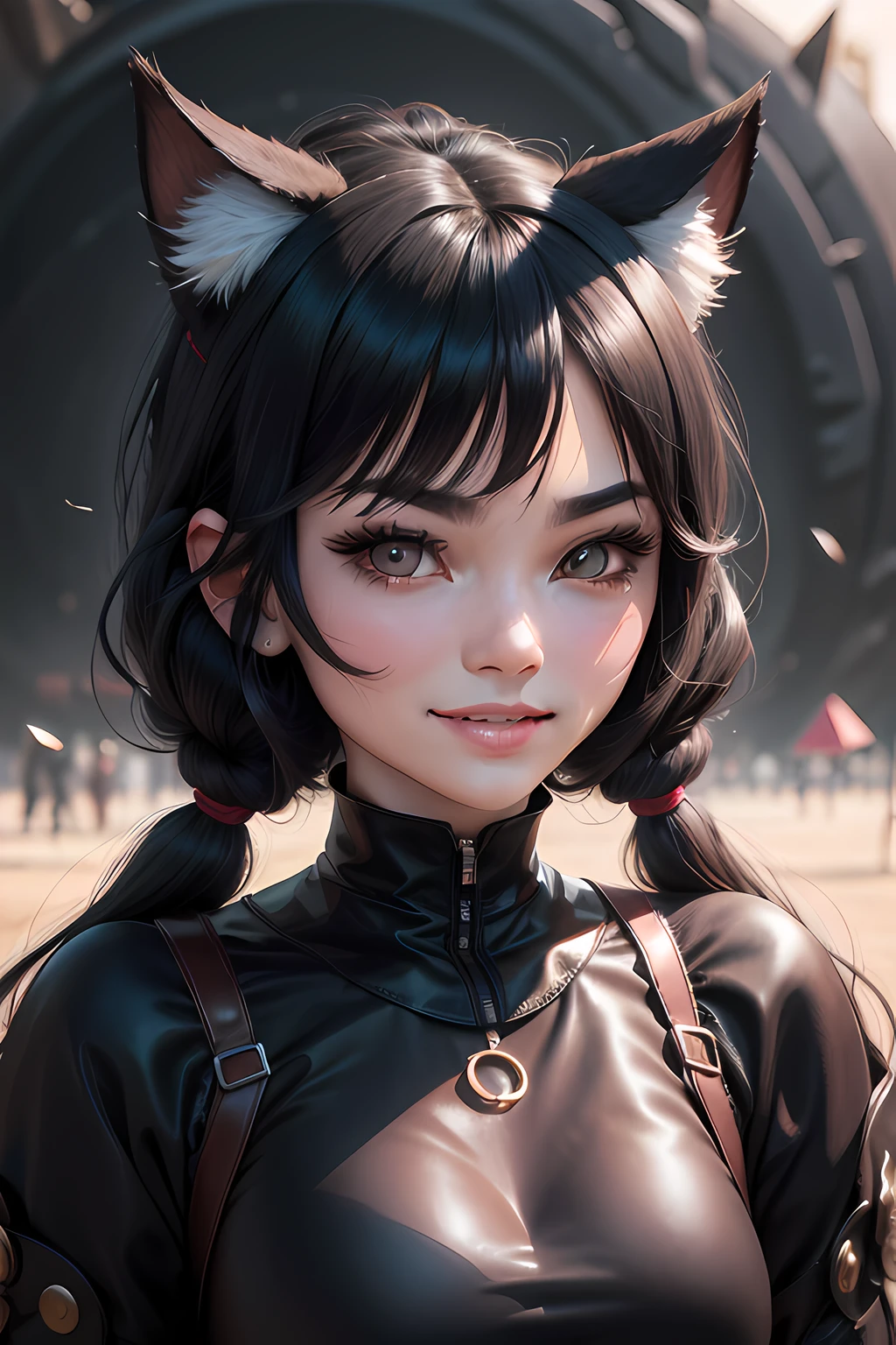 black hair, hair bobbles, wince, longeyelashes, solid circle eyes, fake animal ears, light smile, ear blush, fang, Surrealism, drop shadow, anaglyph, stereogram, tachi-e, pov, atmospheric perspective, 8k, super detail, ccurate, best quality