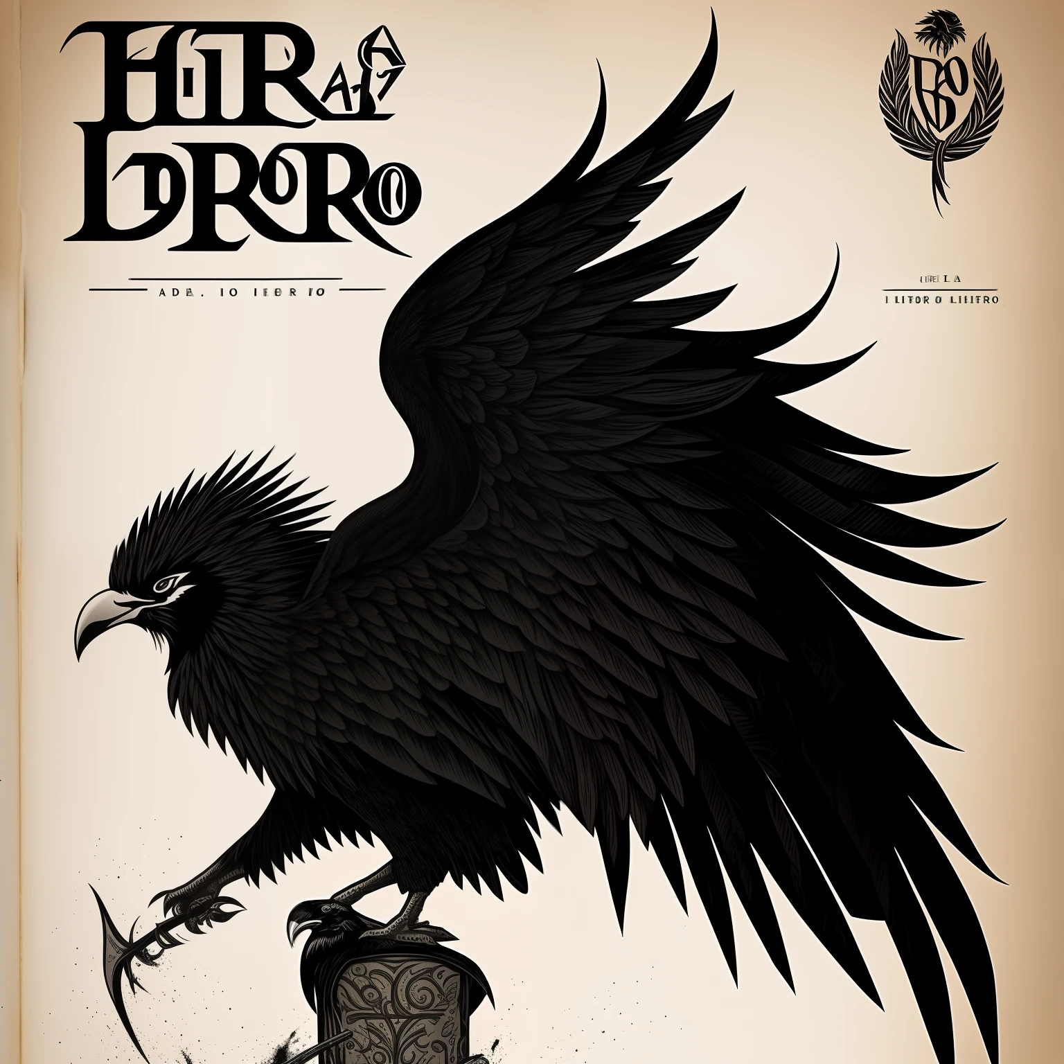 portada de un libro, con un cuervo negro y blanco , que sale de una hoja de un libro de terror. estilo animado con una tonalidad oscura, agregar tambien pluma y tinta