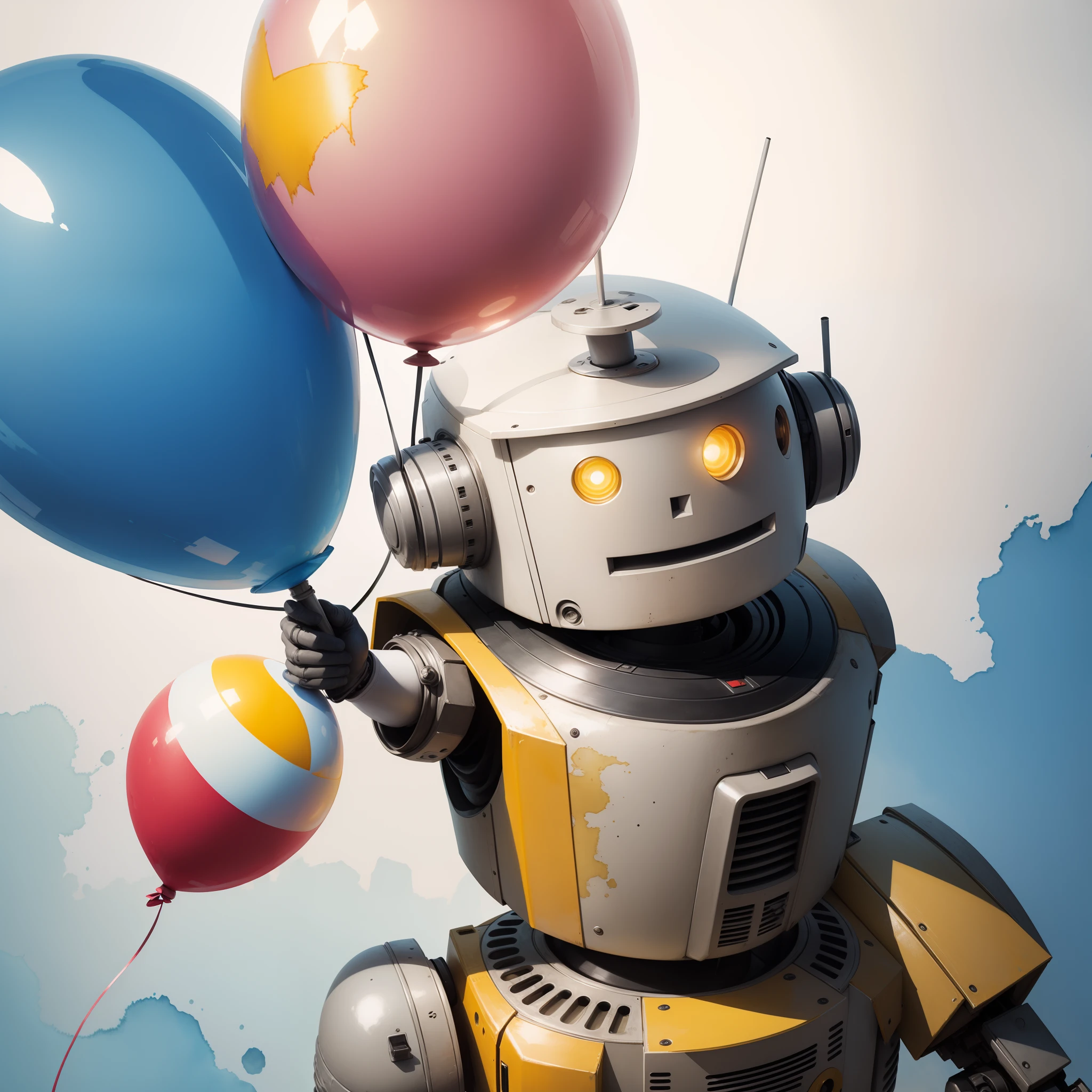 abstract pencil and watercolor art of a lonely robot holding a balloon.