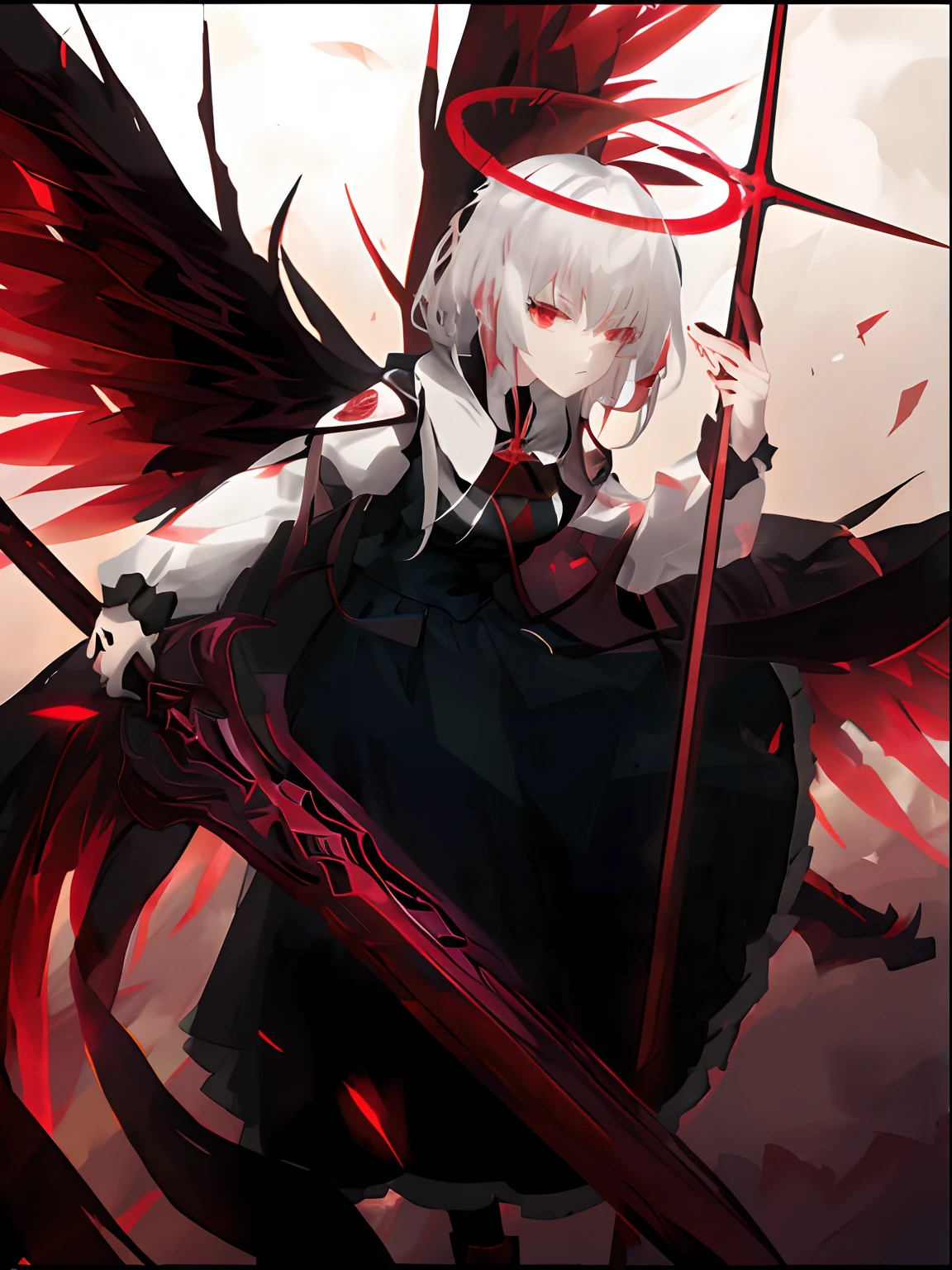 Red-eyed demon female swordsman,Mercenaries of the Destiny Continent,Cold style,Bloody dark scenes,Anime Wind and Fire Red Eye,Crimson wings,A scene from the《destiny/Crown designation》big breasts and big breasts《Eastern Project》of overlapping worlds,Absolutely bloodthirsty character。