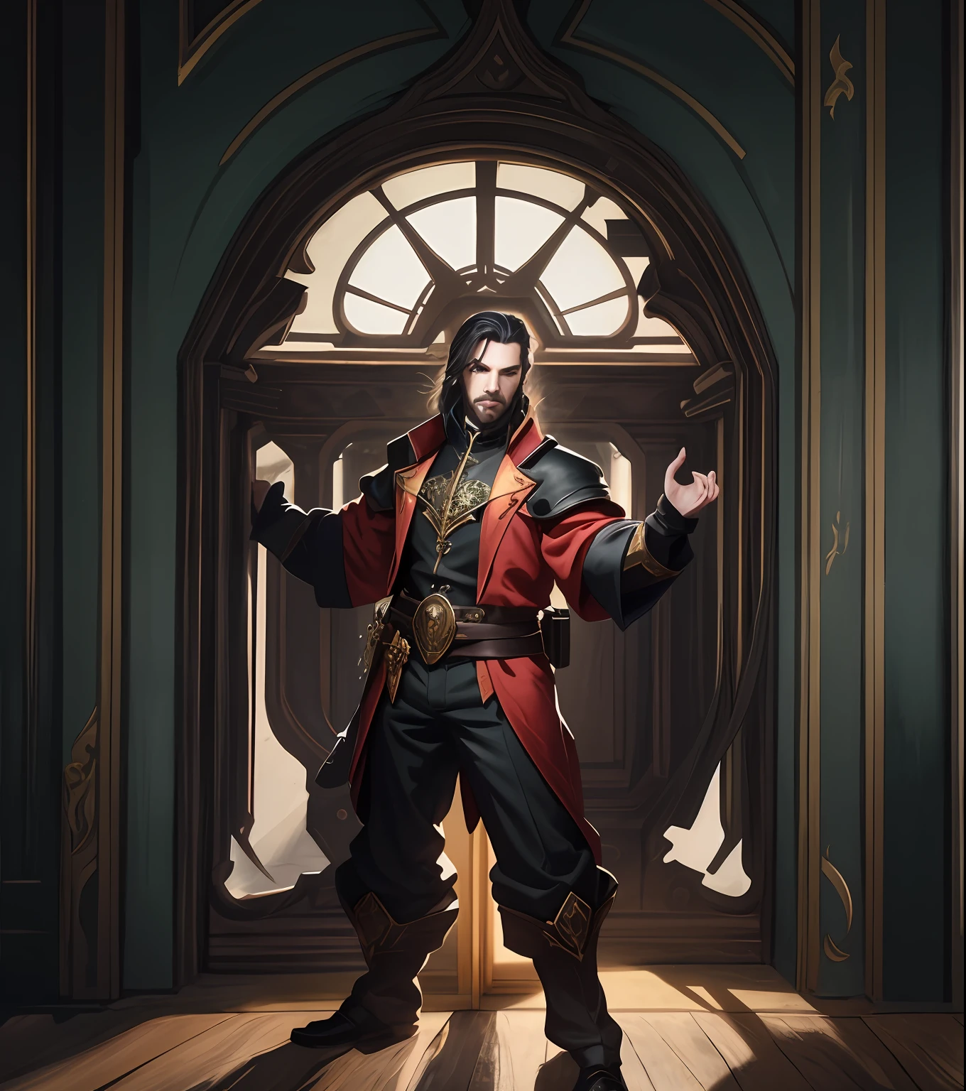 A man stands in front of a window with outstretched arms, Portrait of Professor Sinister, Full-length portrait of a character, Full-length portrait of a character, full art illustration, Character portrait, Epic character portrait, official character art, Full-length portrait of a character, Illustration of an official character, inspired by Johannes Helgeson, D & Full-length portrait in D style