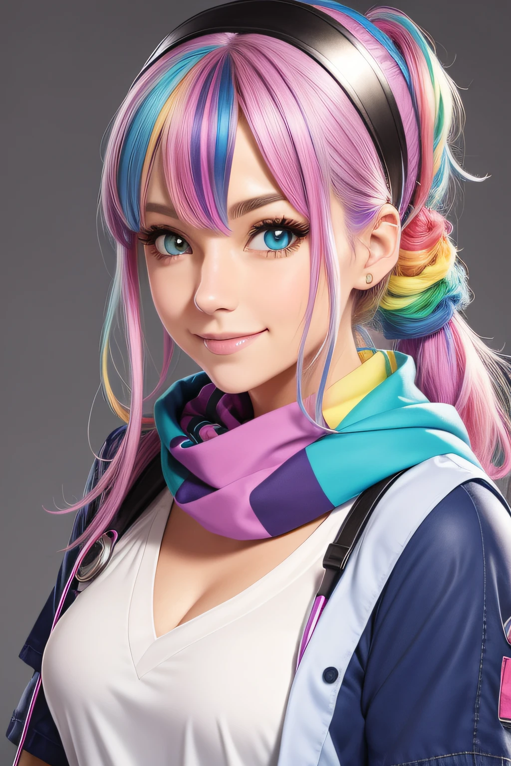 Accessories:EX Scarf, Clothing:EX Bikini, Eyes:EX Heterochromia, Facial Expression:Smile, Hair Accessories:EX Scrunchie, Hair Color:EX Rainbow, Job:EX Nurse, Background:EX Rainbow