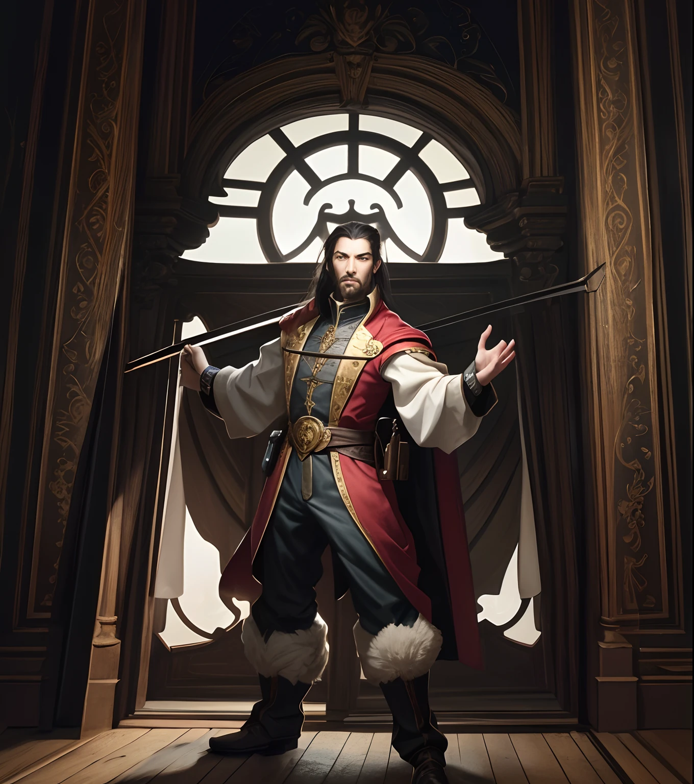 A man stands in front of a window with outstretched arms, Portrait of Professor Sinister, Full-length portrait of a character, Full-length portrait of a character, full art illustration, Character portrait, Epic character portrait, official character art, Full-length portrait of a character, Illustration of an official character, inspired by Johannes Helgeson, D & Full-length portrait in D style