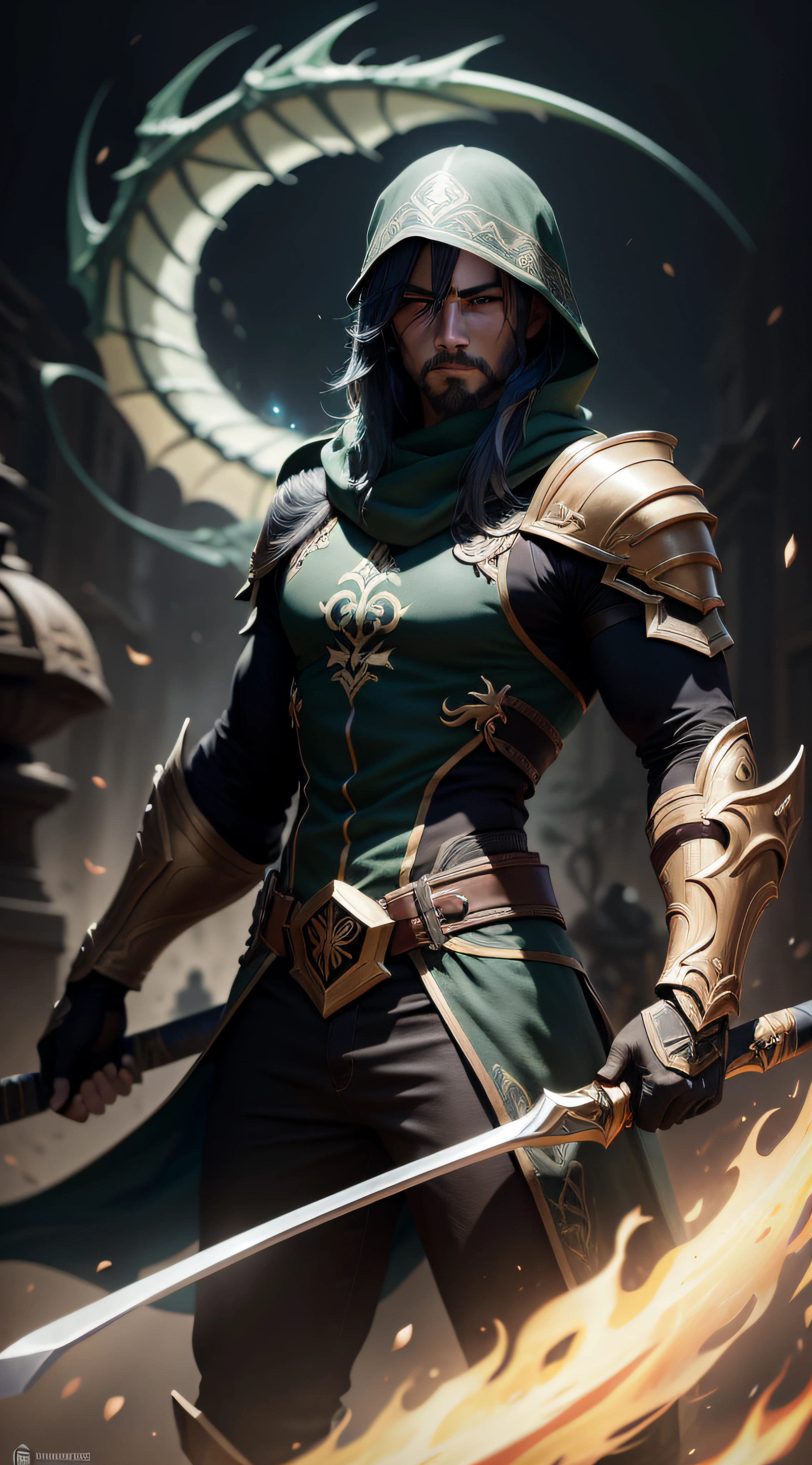 maestro yi tinta sombria, league of legends, 8k, espada, cabello largo azul armadura negra dragon, ltamente detallado e intrincado, La mejor calidad,Obra maestra,alto, foto realista, estudio oscuro, mamado, musculoso