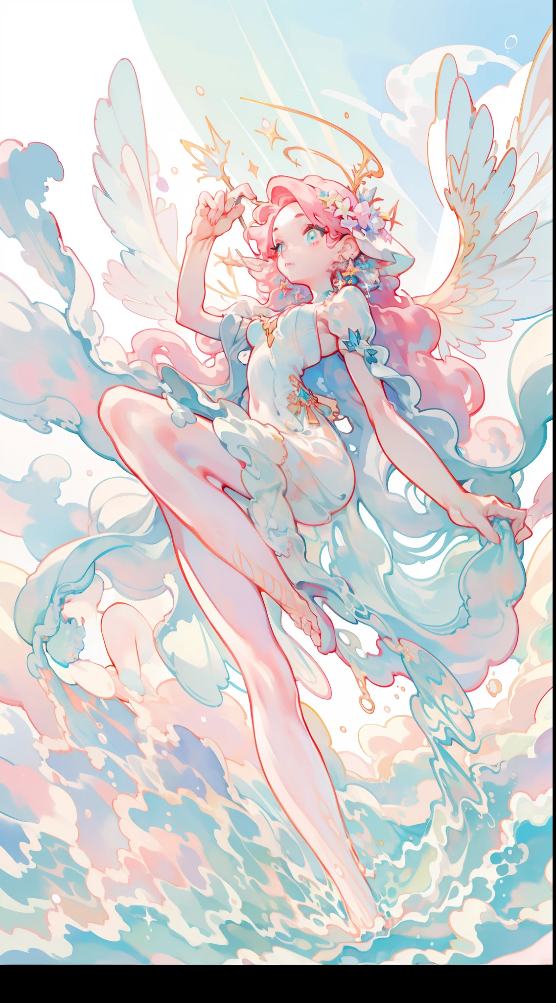 masterpiece, best quality, sharp focus, 8k, intricately detailed environment, anime, watercolor illustration, colorful, bright colors, whimsical, glowing lights, liquid otherworldly, fairy lights, beautiful girl in flowing liquid glowing dress, perfect face, golden ratio, sparkling eyes, watercolor, liquid light, angel wings