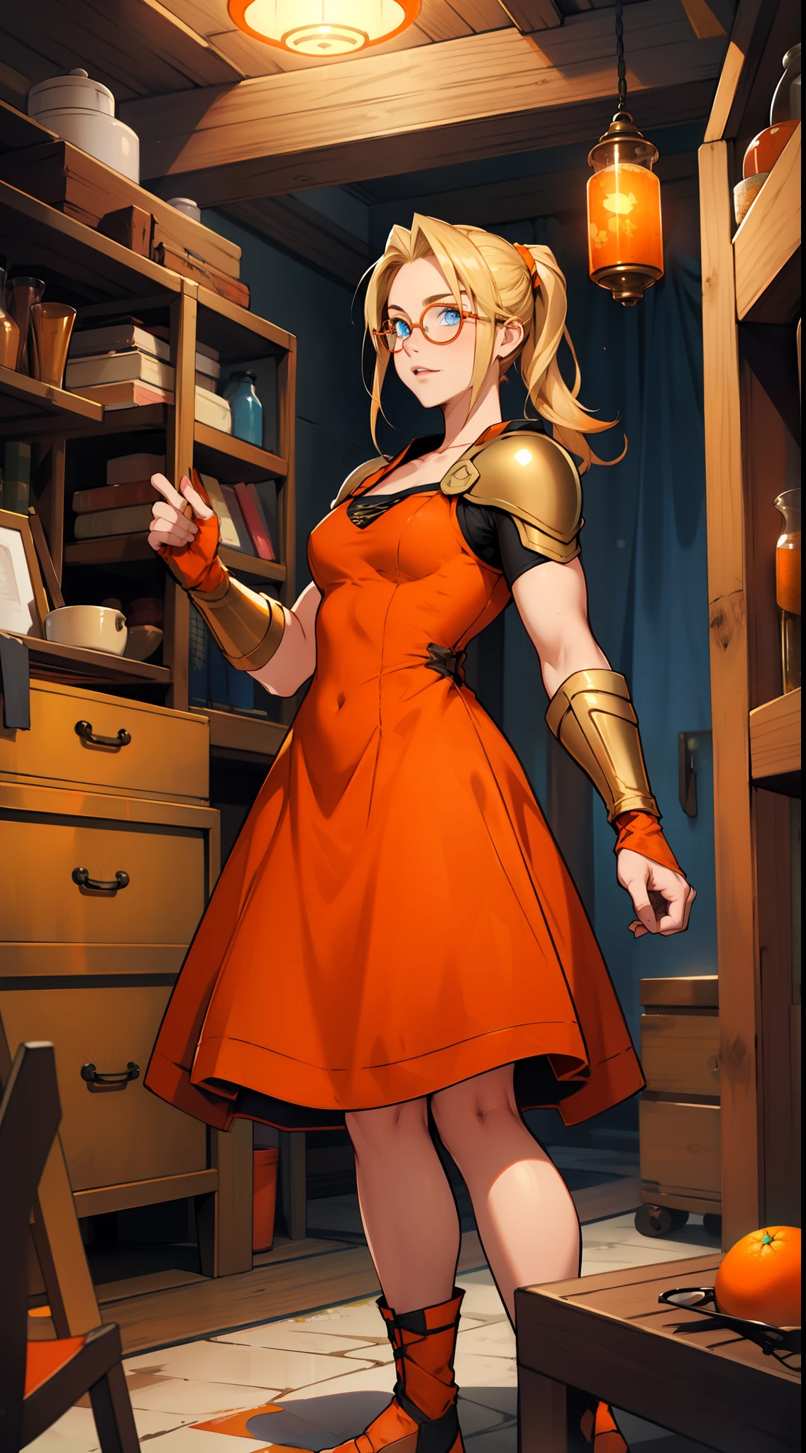 Female (((Quistis Trepe))), (blonde hair + blue eyes + ((orange dress)) + (golden round glasses))