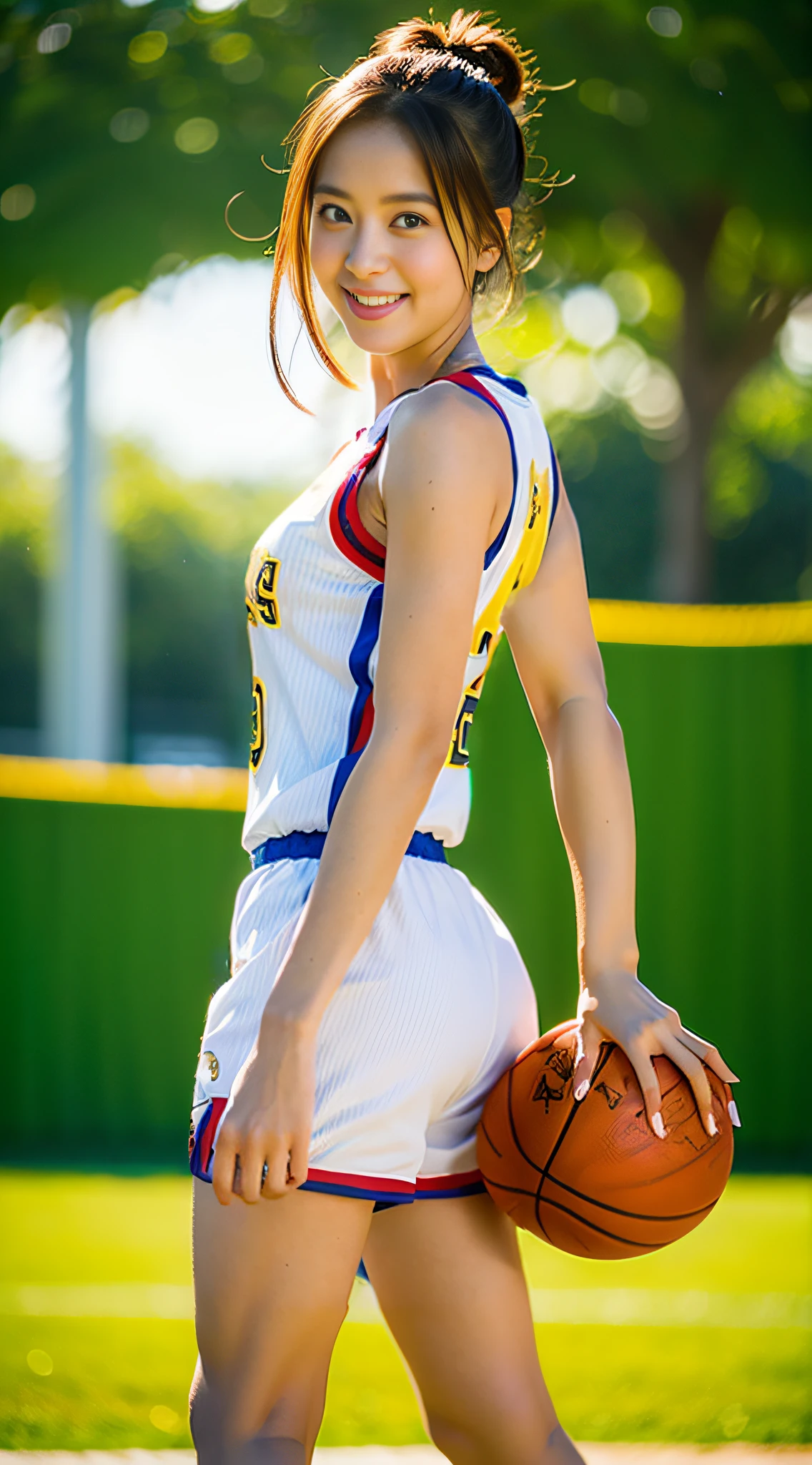 Woman wearing basketball uniform、Red and yellow basketball uniforms、gymnastic suit、shortpants