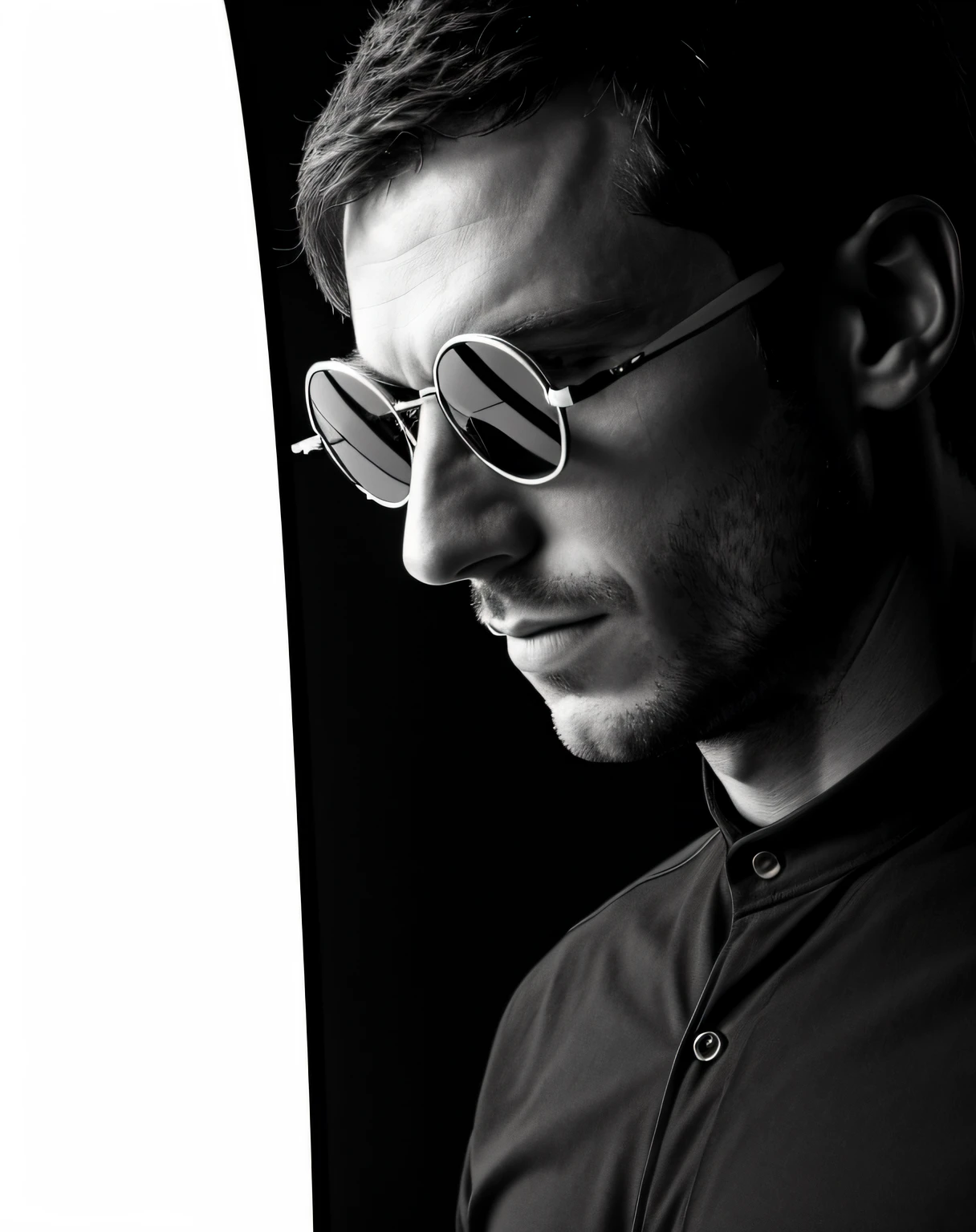 Arafed is a man in sunglasses and a black shirt looking at a surfboard, Profile portrait, Dark shades, inspired by Niels Hamm, based on Dmitry Levitsky, inspired by Darek Zabrocki, High Quality Portrait, Patrick Pietropoli, editorial photograph, detailed portrait shot, portrait shot, close up portrait shot, maxim shirkov