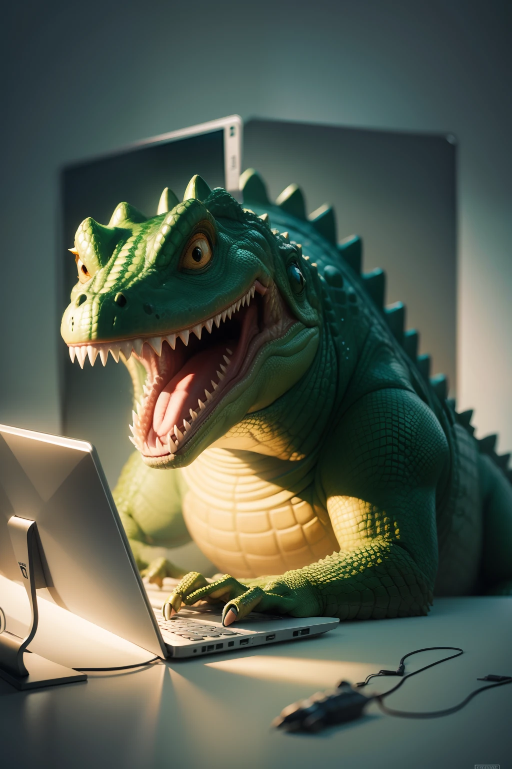 Make a flyer with a humanoid crocodile playing on the computer, illustration style