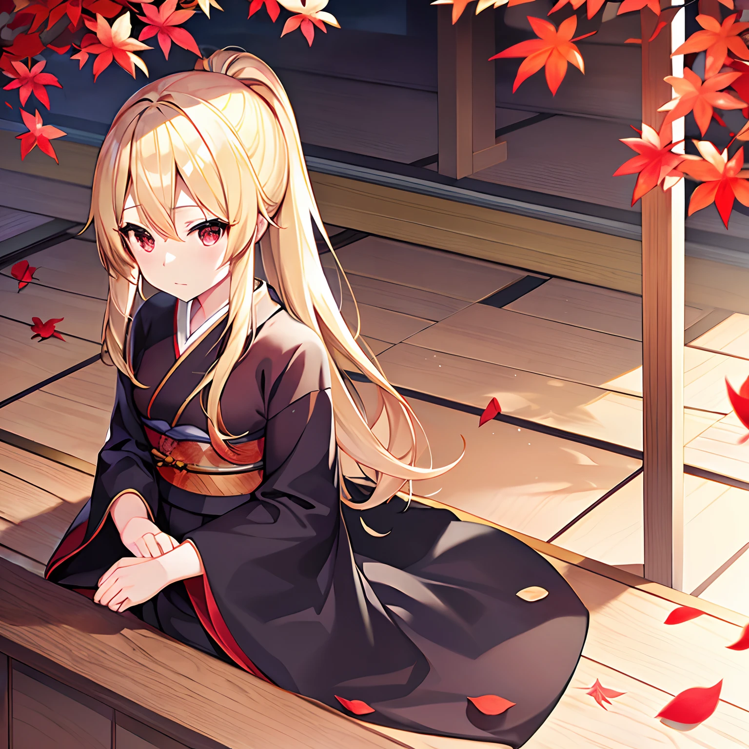 a blond、red eyes、Beautiful girl alone、独奏、animesque、Black kimono、natta、Colored leaves