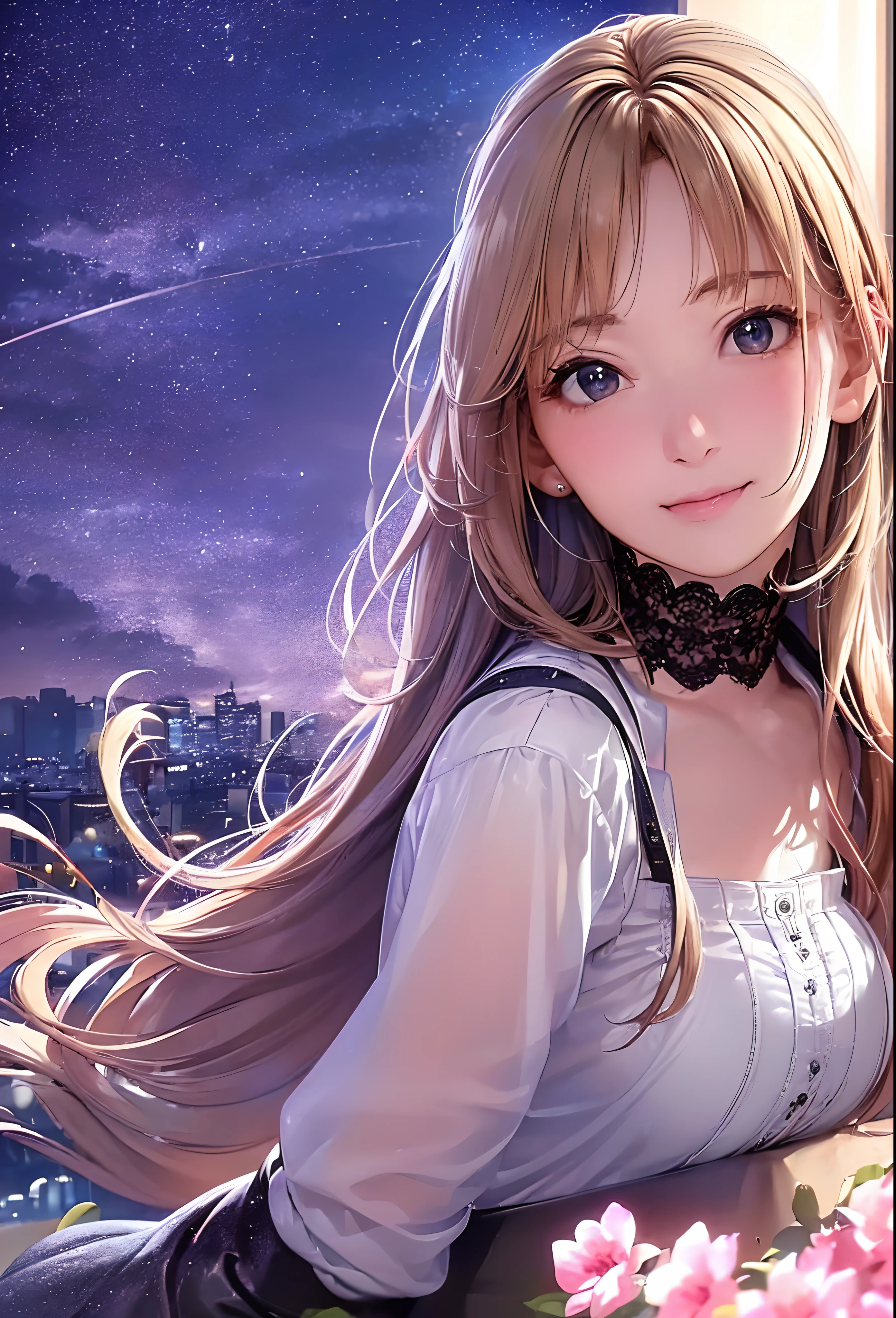 (8K, Best Quality, masutepiece:1.2), (Realistic, Photorealsitic:1.37), Ultra-detailed, 1 girl,Cute, Solo,Midnight,Beautiful detailed sky,Detailed Cafe,Sitting,Dating,(nose blush),(Smile:1.15),(Closed mouth) Small breasts,Beautiful detailed eyes,Floating Hair NovaFrogStyle,Pink dress