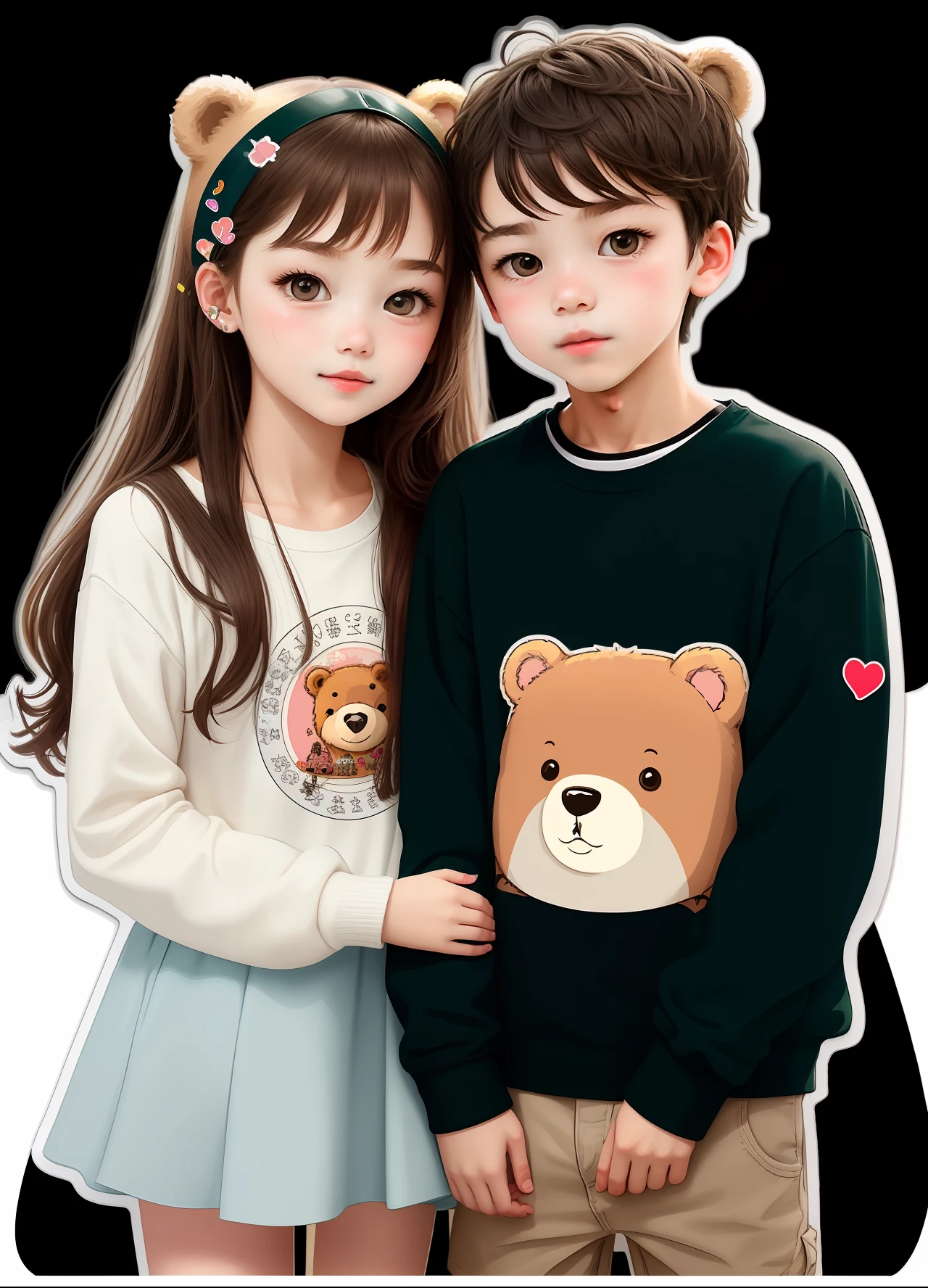 sticker,white background,boy and girl,cute bear,couple