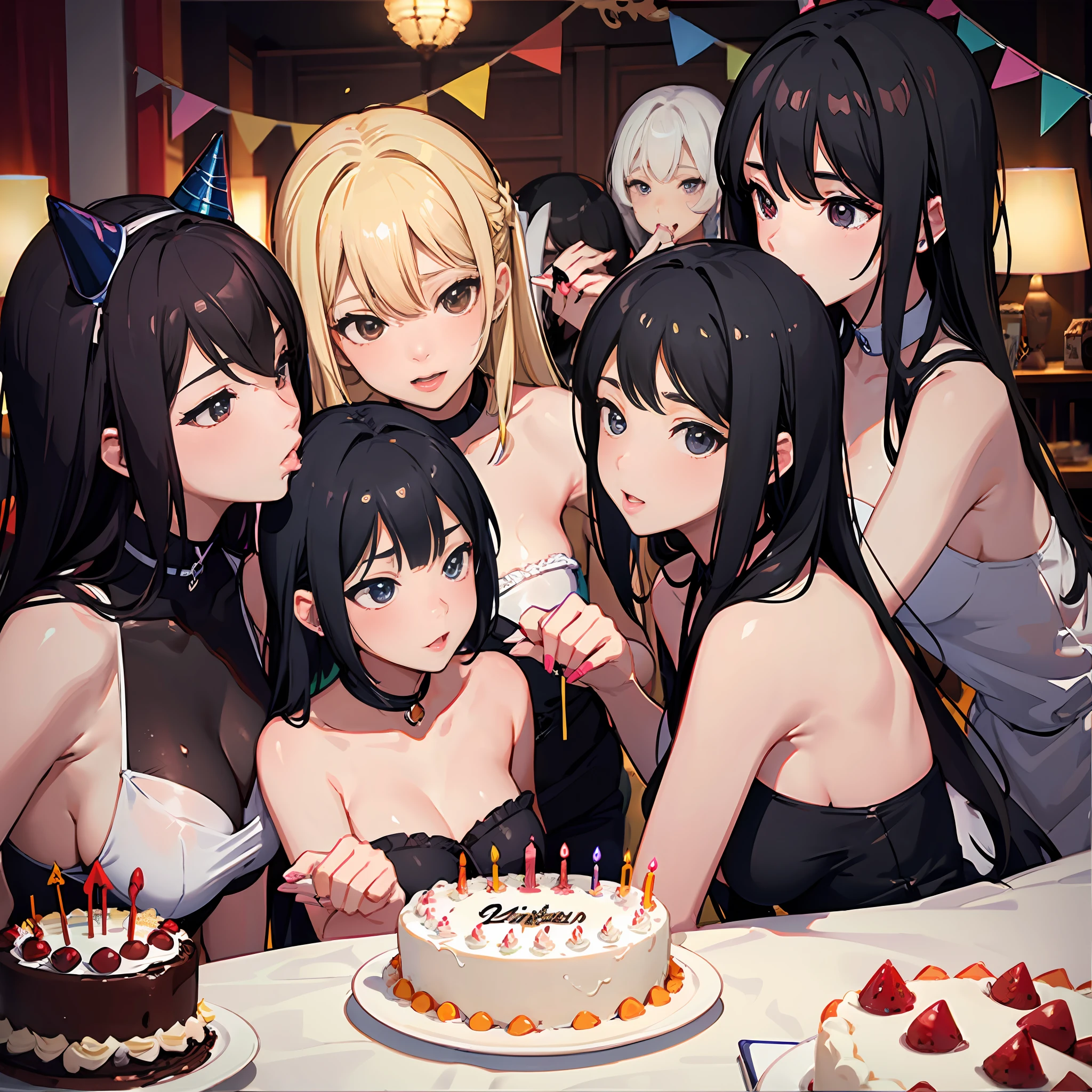 5girl, birthday party, orgy, all , sex, lesbians, black hair, birthday hats, latinas, sexy poses, cake, Chao's, kissing lips, birthday background, far away, blond hair, birthday cake, photo next each other, table with cake, birthday theme, all smiling,